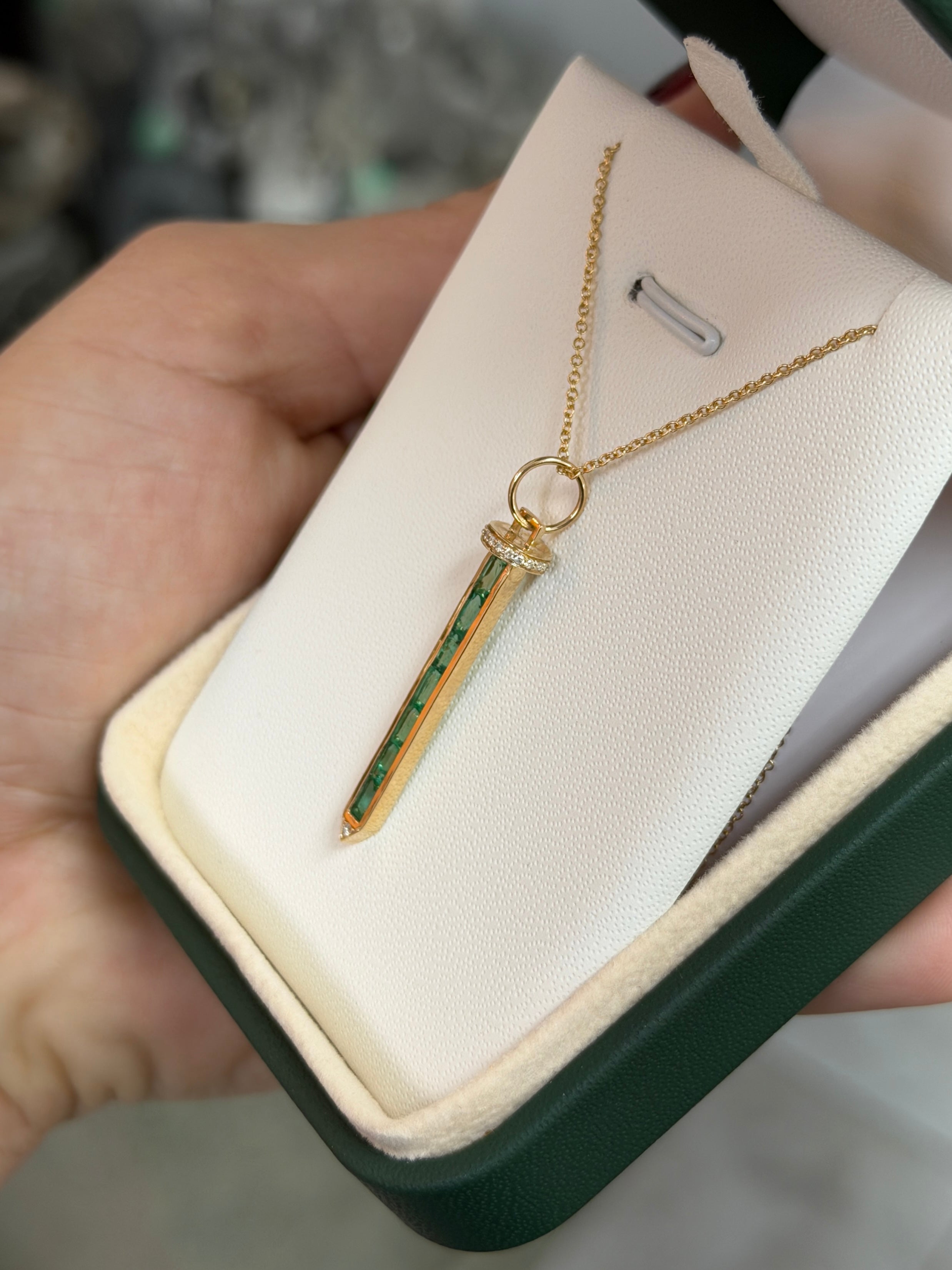 Emerald Baguette & Diamond Sword Necklace 14K Gold