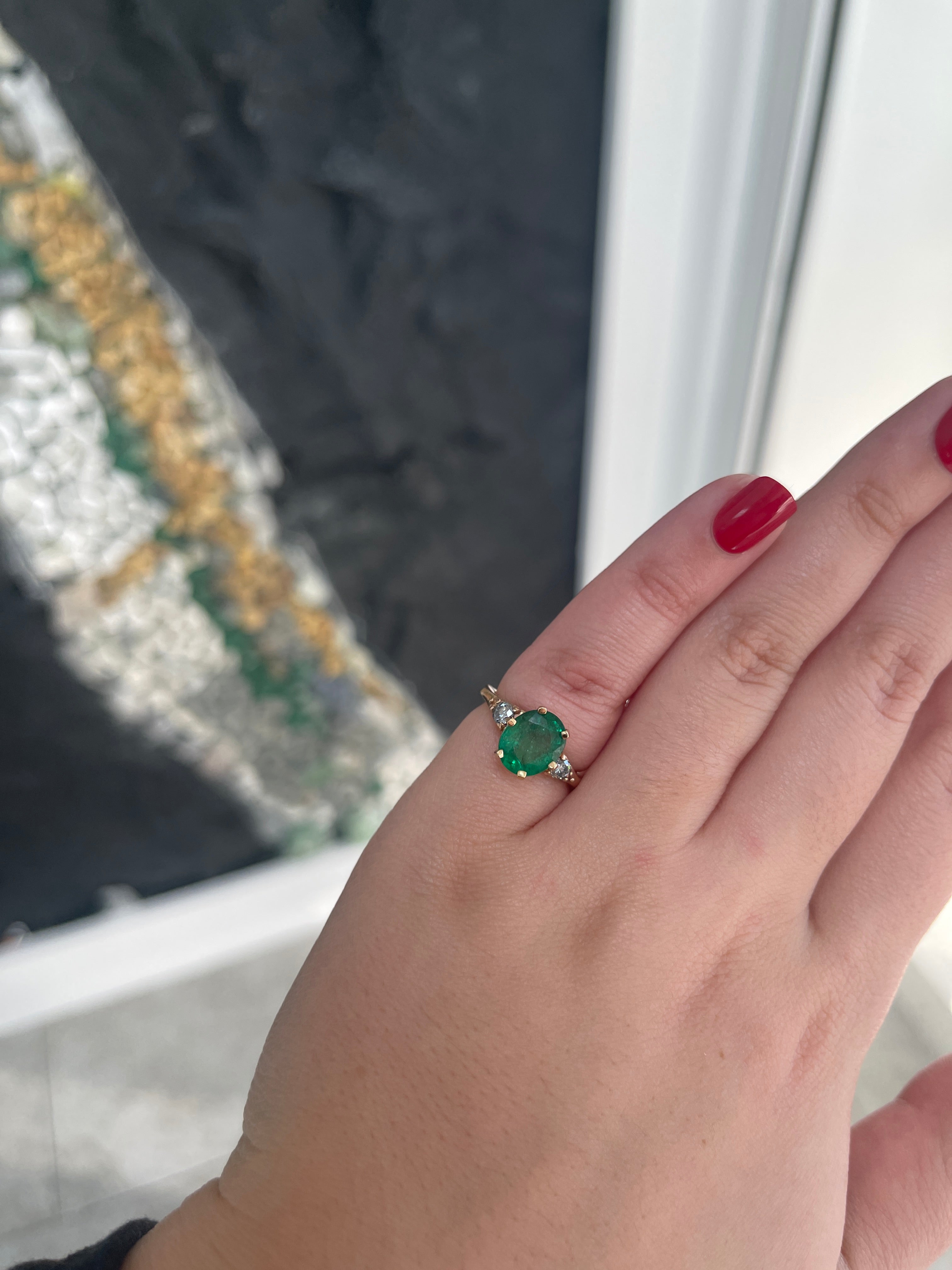 2.54tcw Oval Emerald & Round Cut Rich Green Diamond 6-Prong 3 Stone Ring 14K - JR Colombian Emeralds