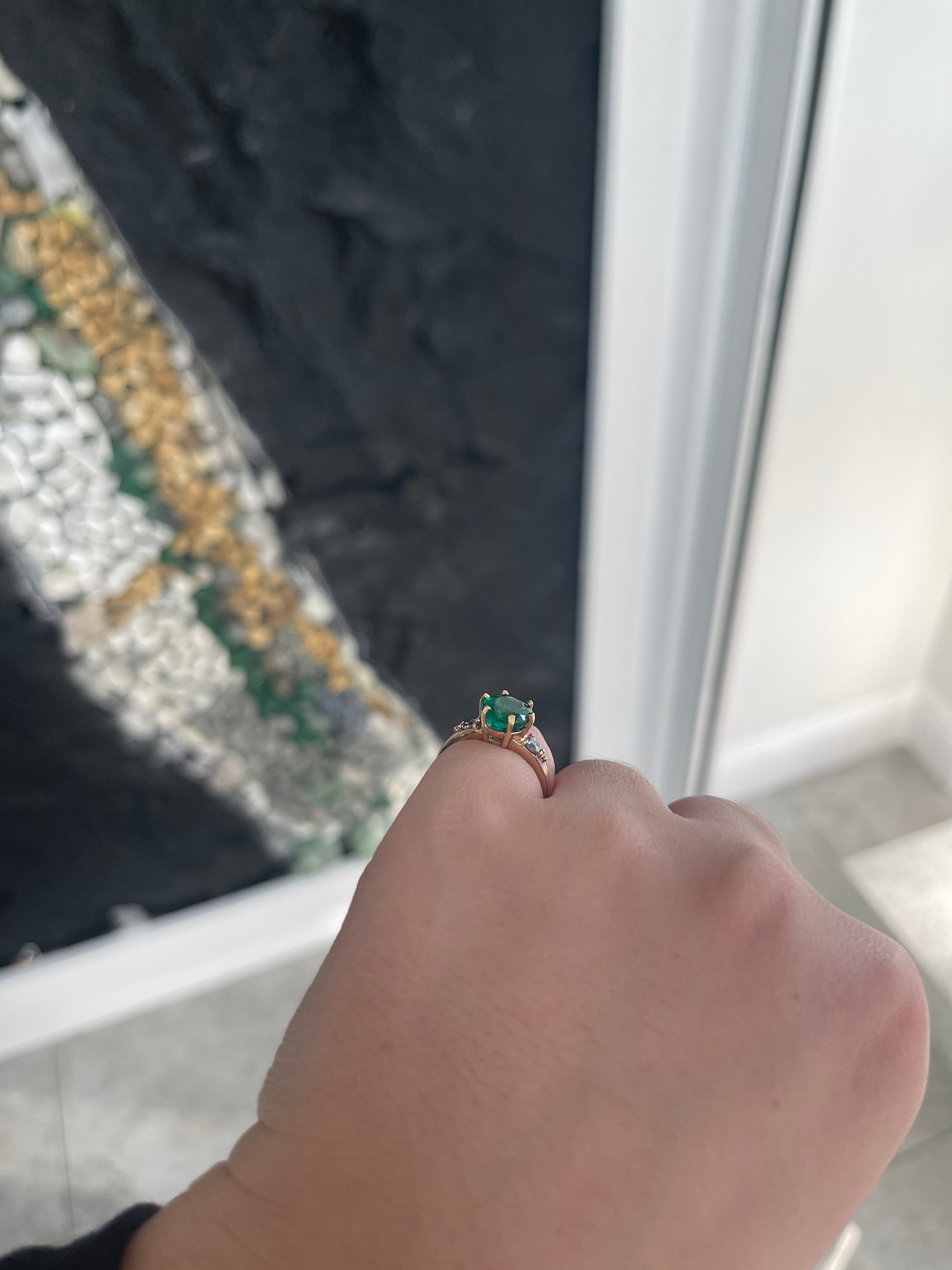 2.54tcw Oval Emerald & Round Cut Rich Green Diamond 6-Prong 3 Stone Ring 14K - JR Colombian Emeralds