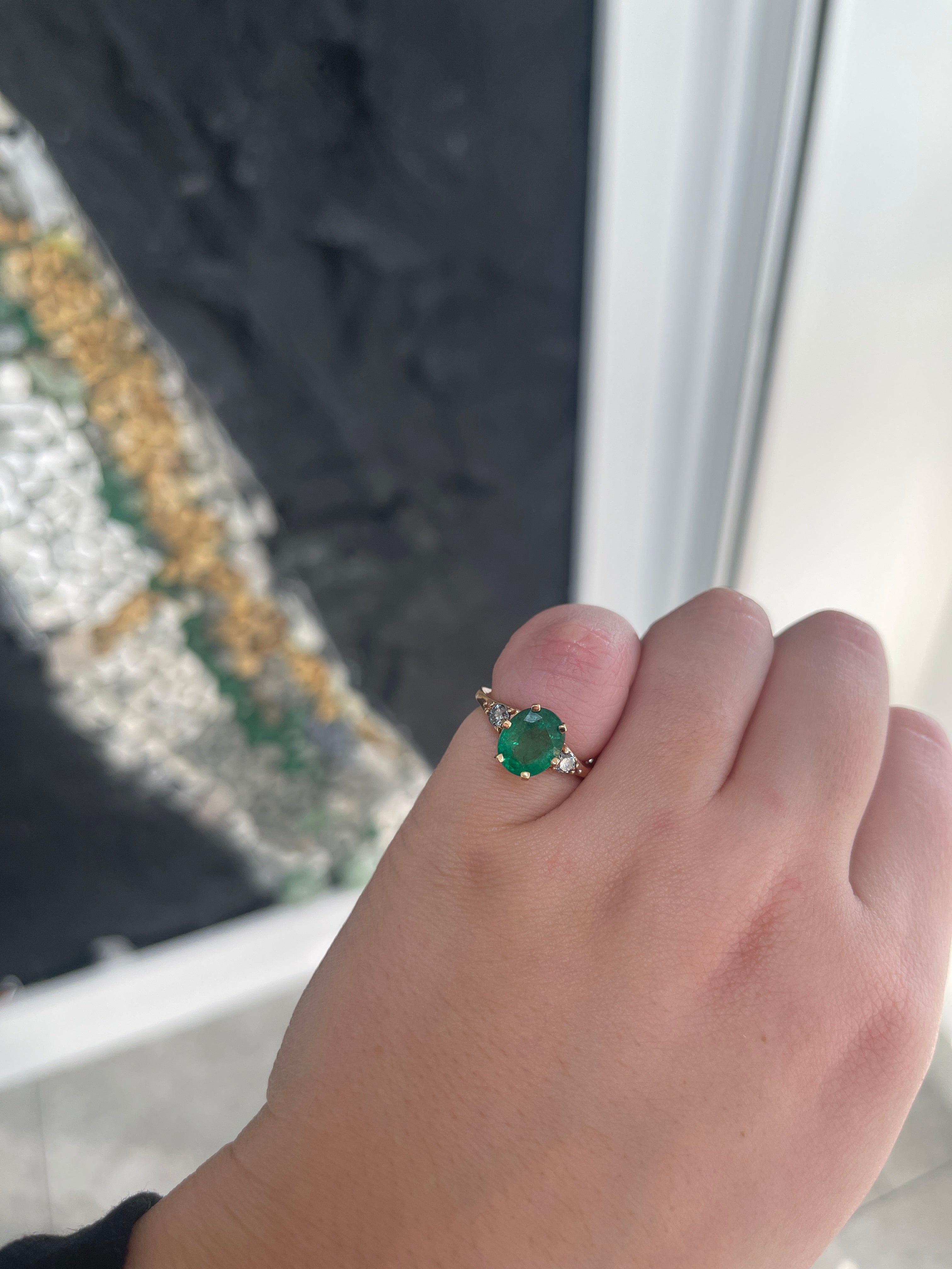 2.54tcw Oval Emerald & Round Cut Rich Green Diamond 6-Prong 3 Stone Ring 14K - JR Colombian Emeralds