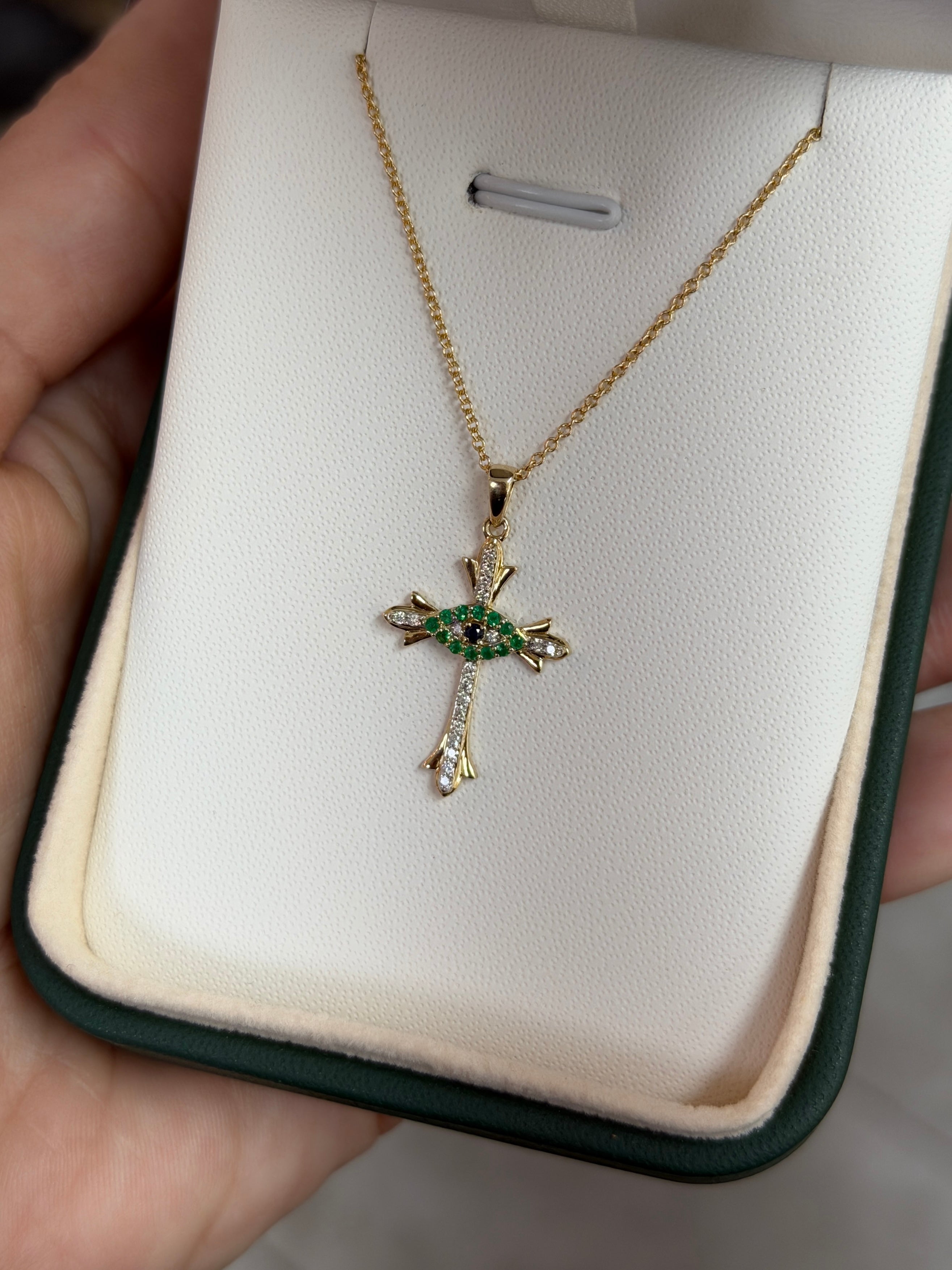 Evil Eye Cross In Natural Emerald, Diamonds, & Sapphire Necklace 14K