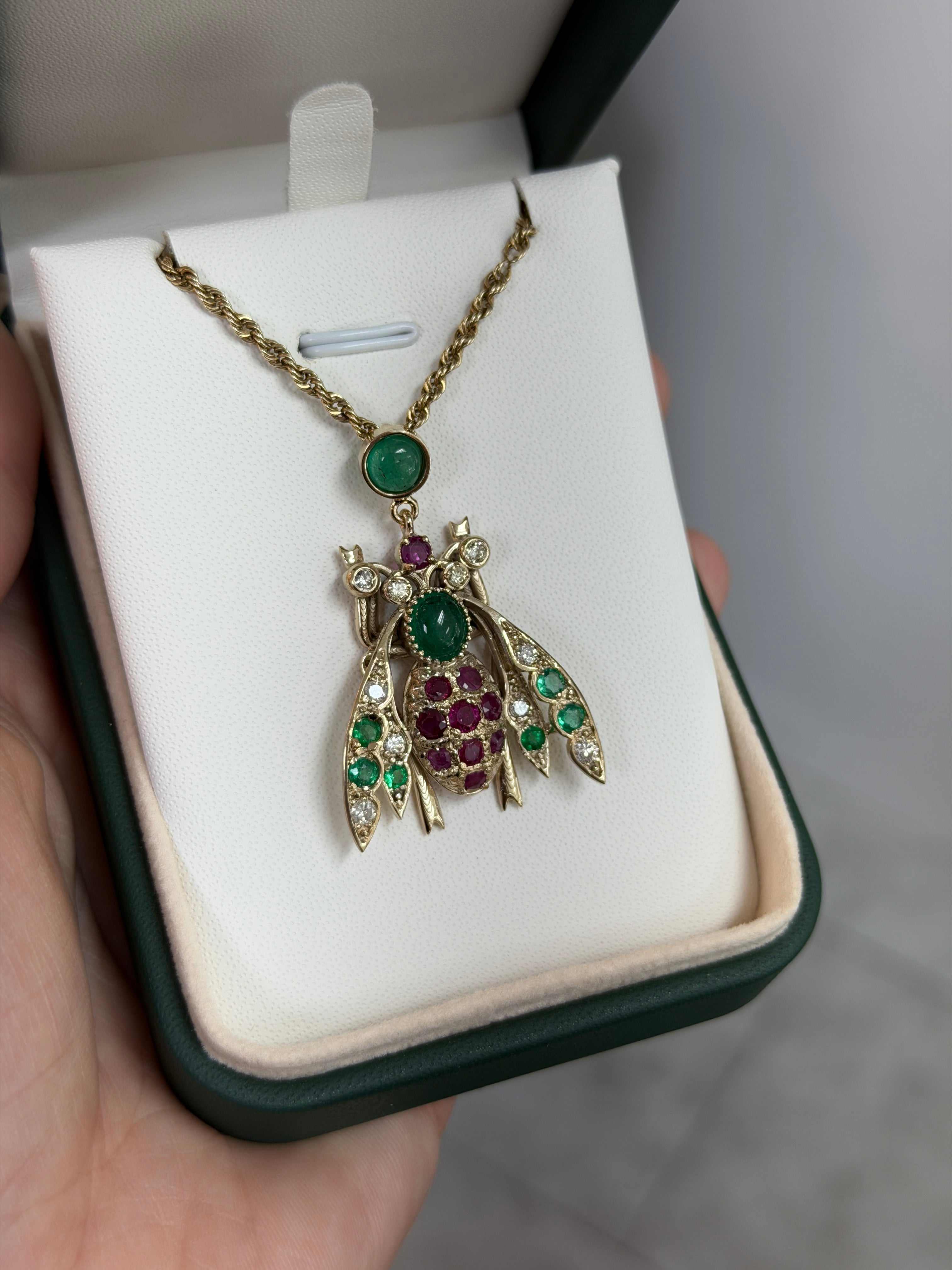 4.14tcw Emerald Ruby Diamond Bug Bee Insect Pendant 14K - JR Colombian Emeralds