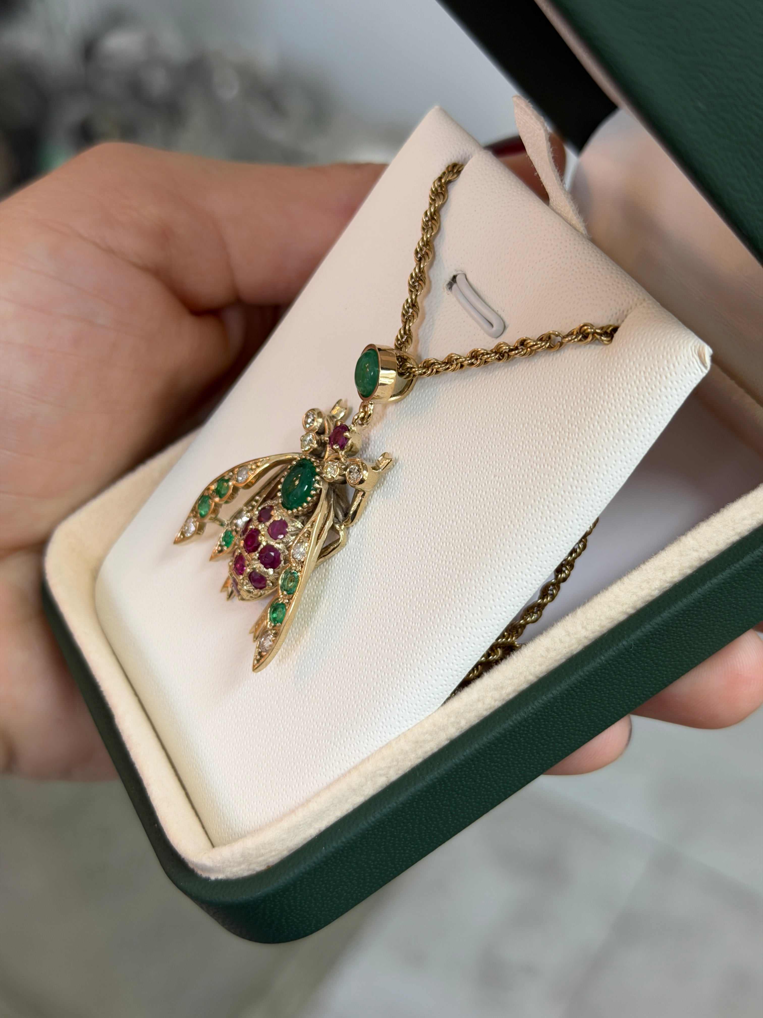 4.14tcw Emerald Ruby Diamond Bug Bee Insect Pendant 14K - JR Colombian Emeralds
