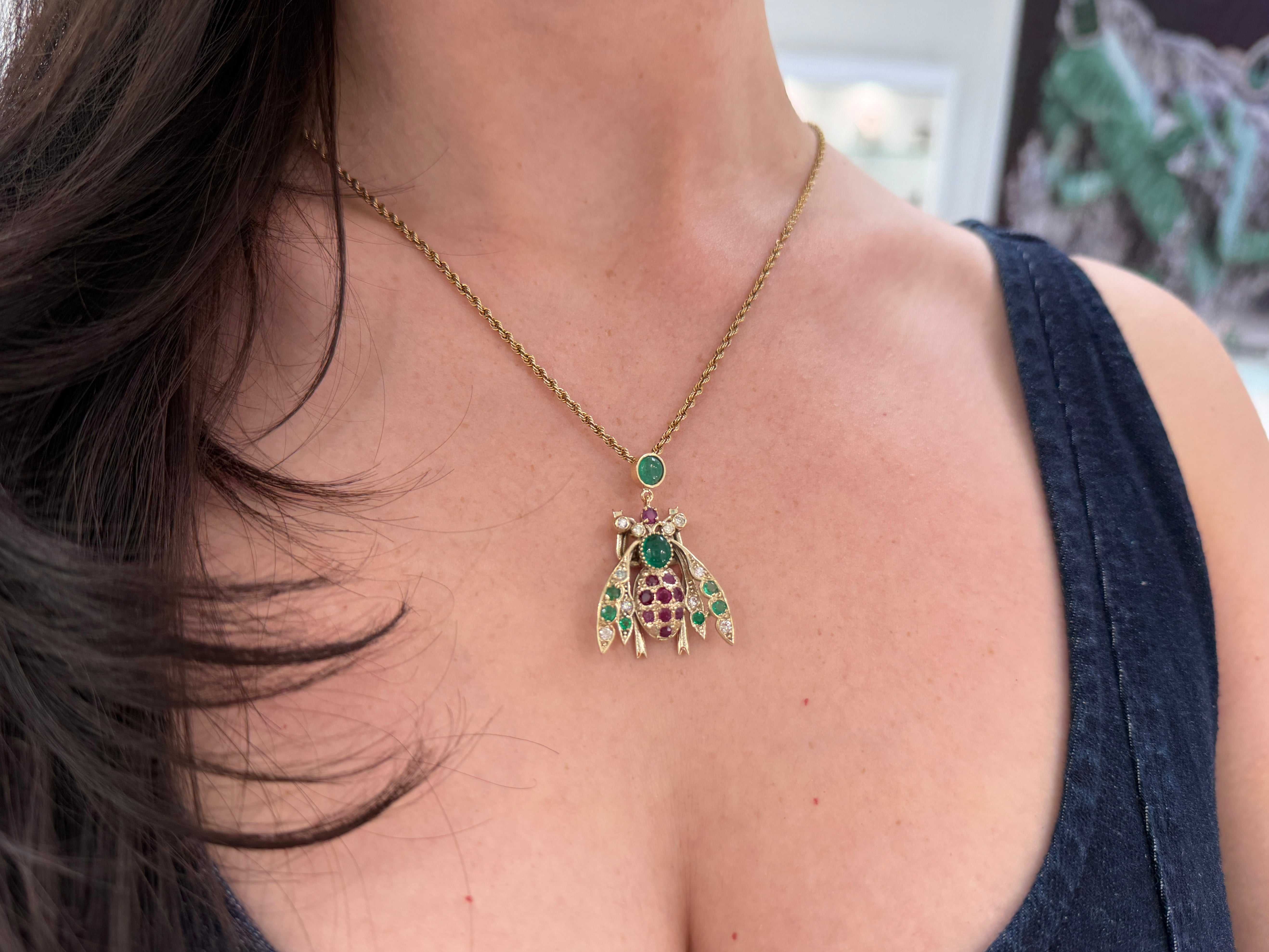 4.14tcw Emerald Ruby Diamond Bug Bee Insect Pendant 14K - JR Colombian Emeralds