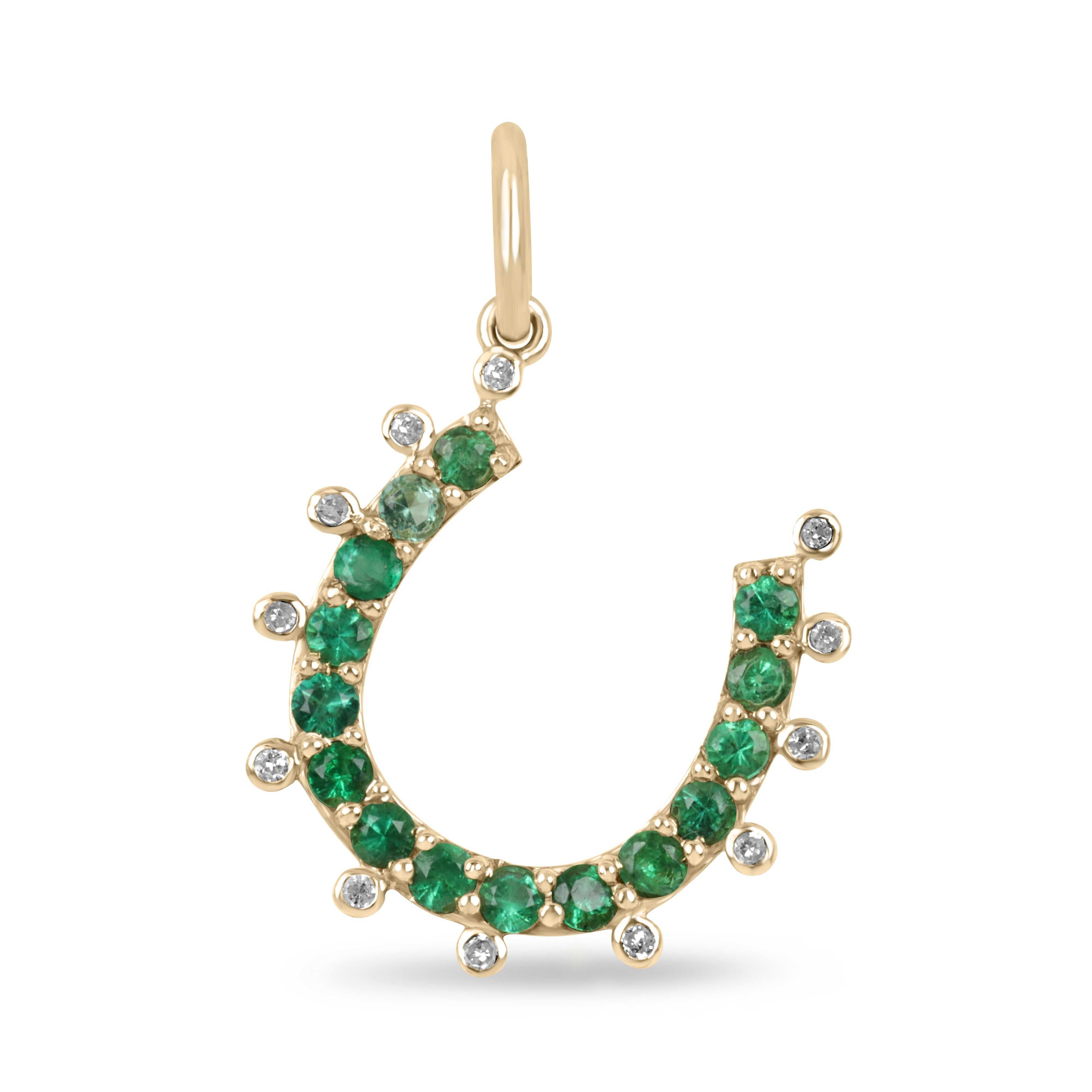 0.98tcw 14K gold horseshoe pendant with medium green emeralds and bezel-set diamonds
