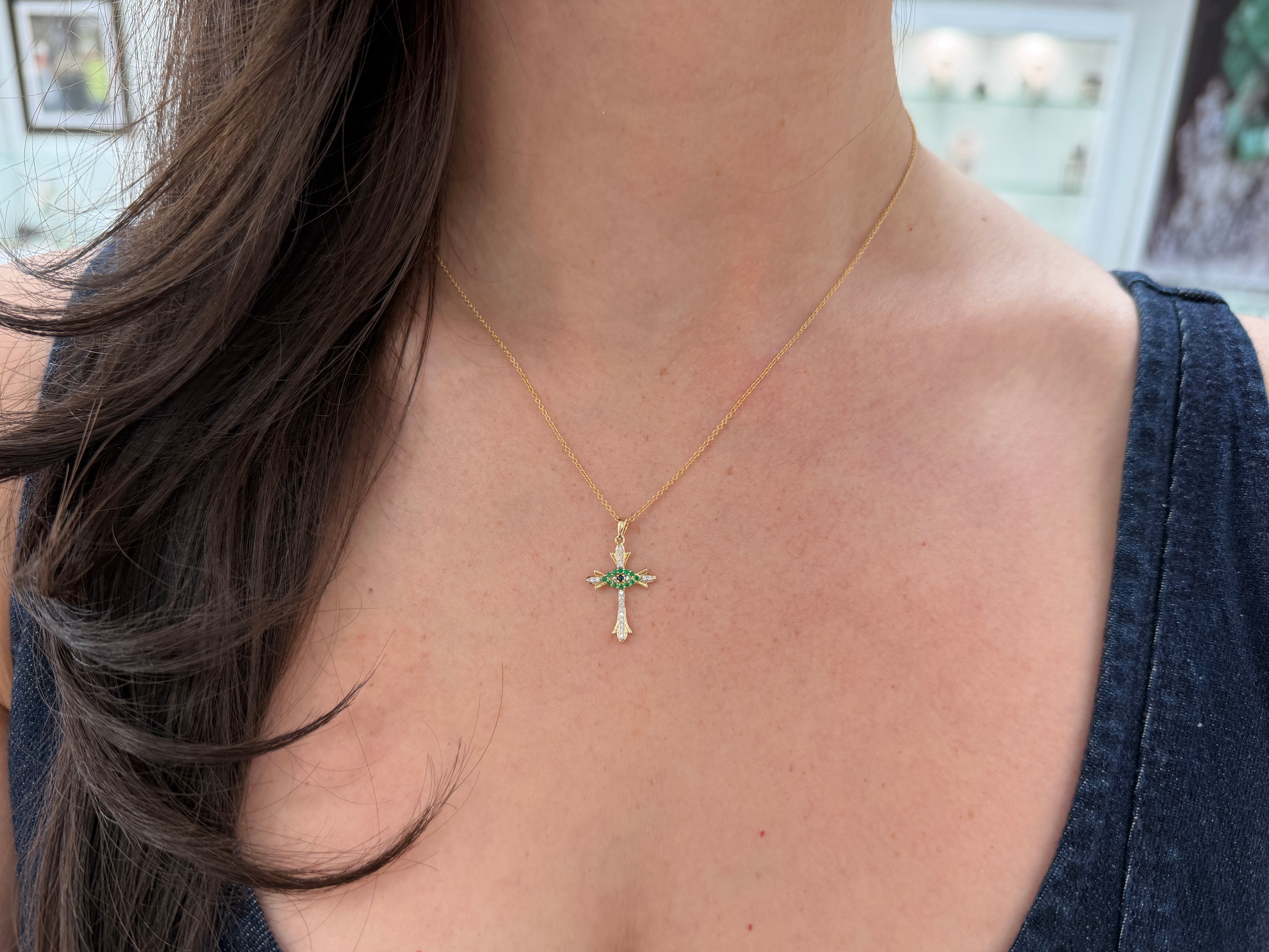 Evil Eye Cross In Natural Emerald, Diamonds, & Sapphire Necklace 14K