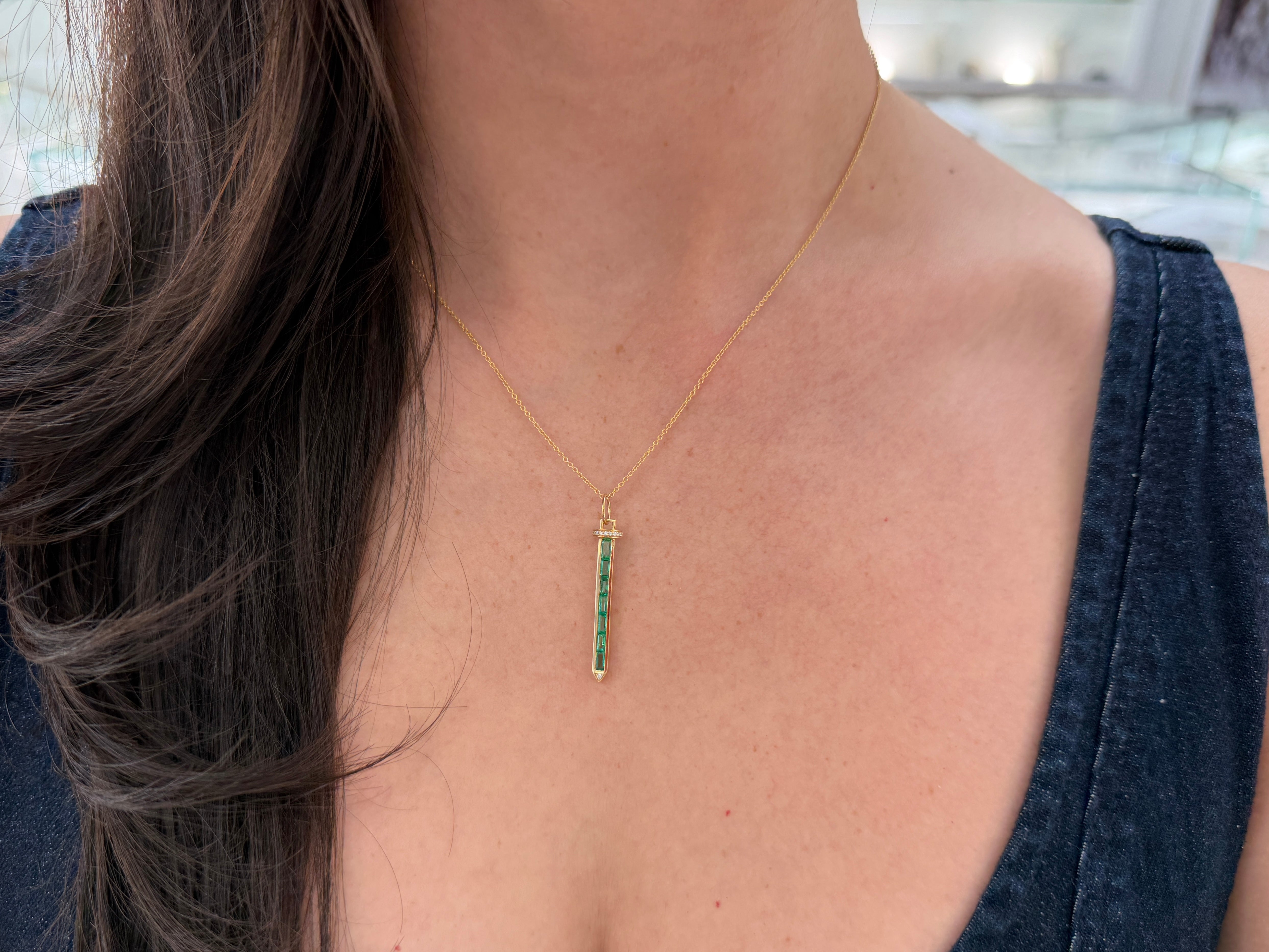 Emerald Baguette & Diamond Sword Necklace 14K Gold