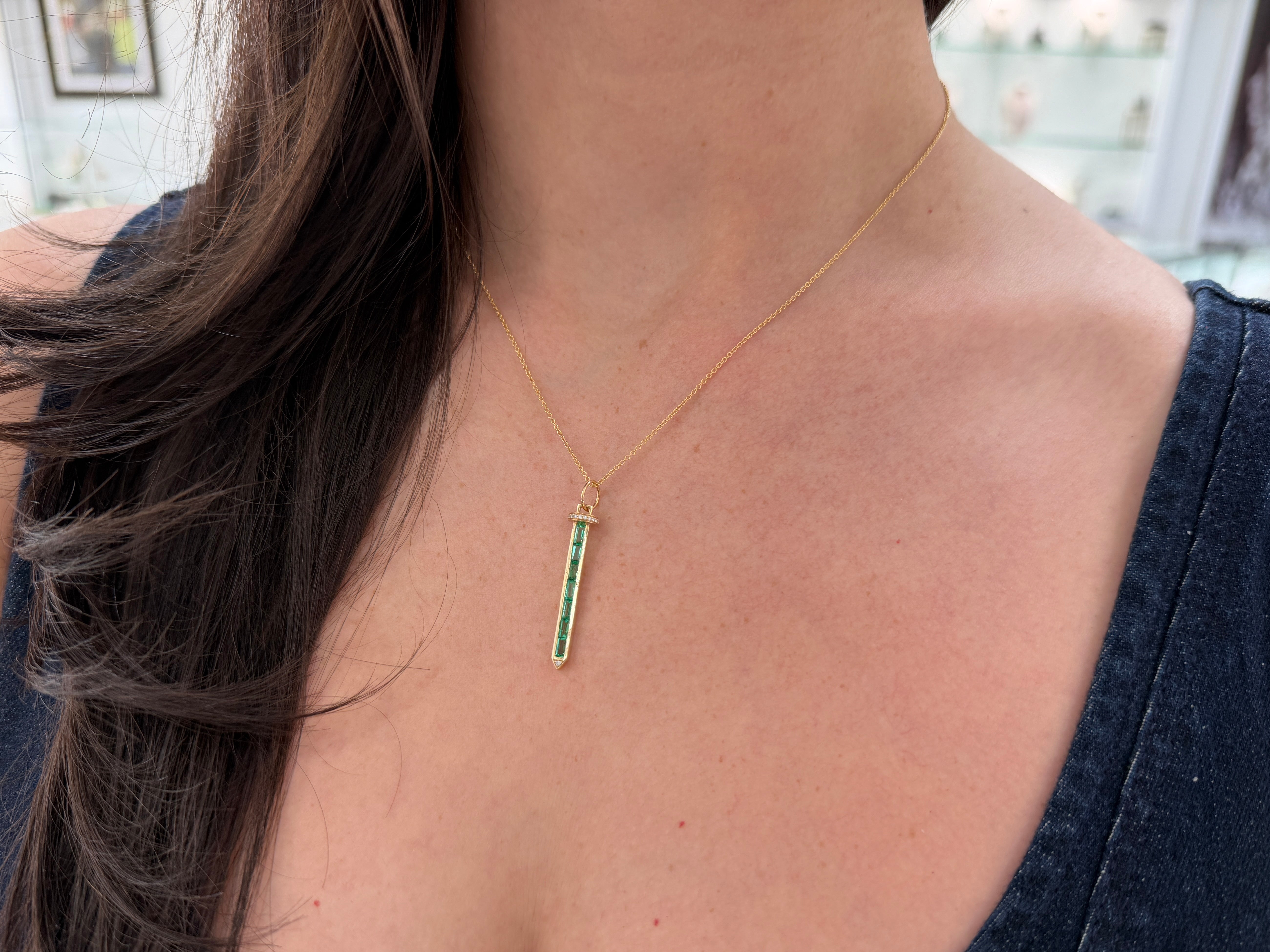 Emerald Baguette & Diamond Sword Necklace 14K Gold
