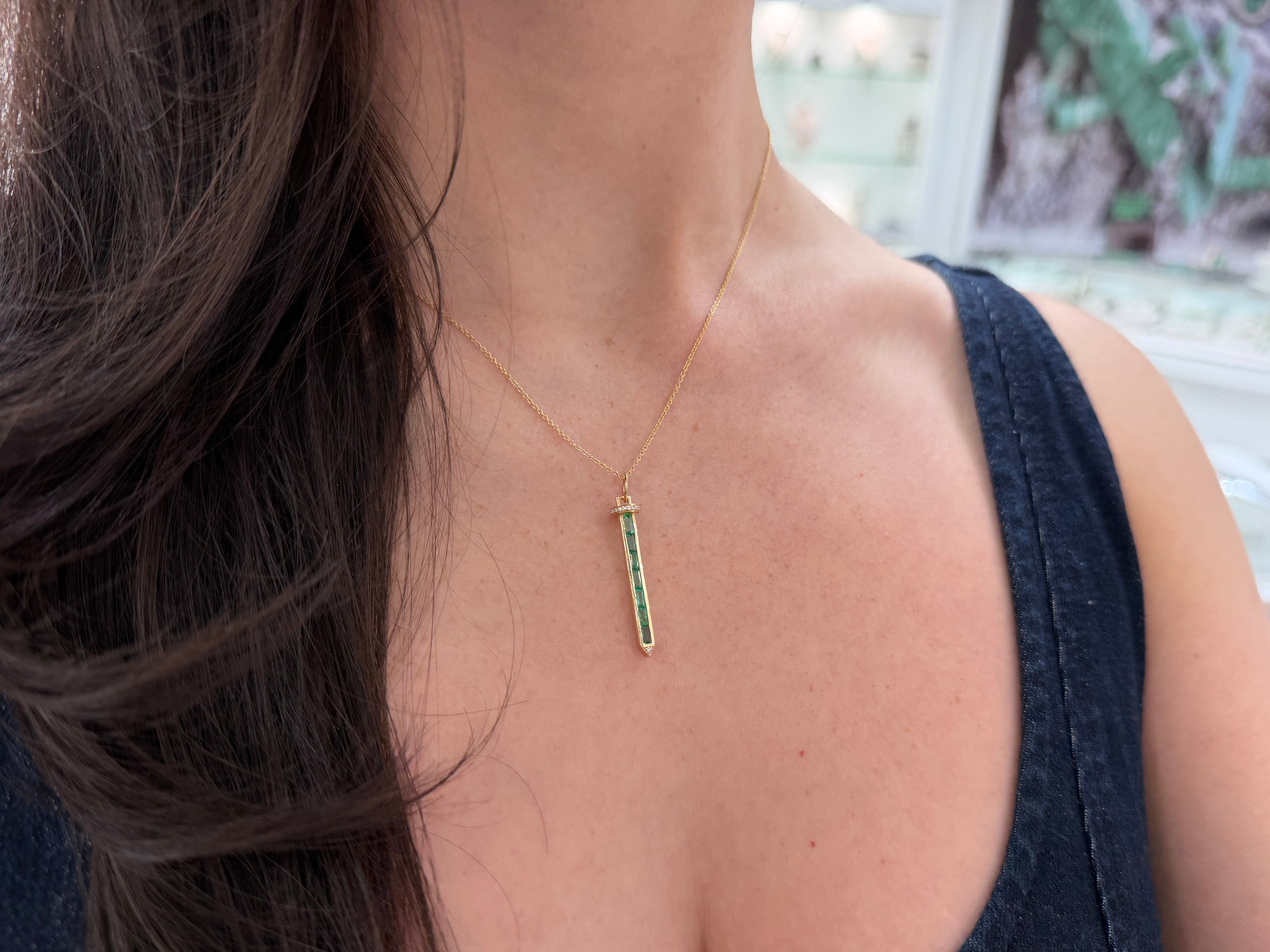 Emerald Baguette & Diamond Sword Necklace 14K Gold