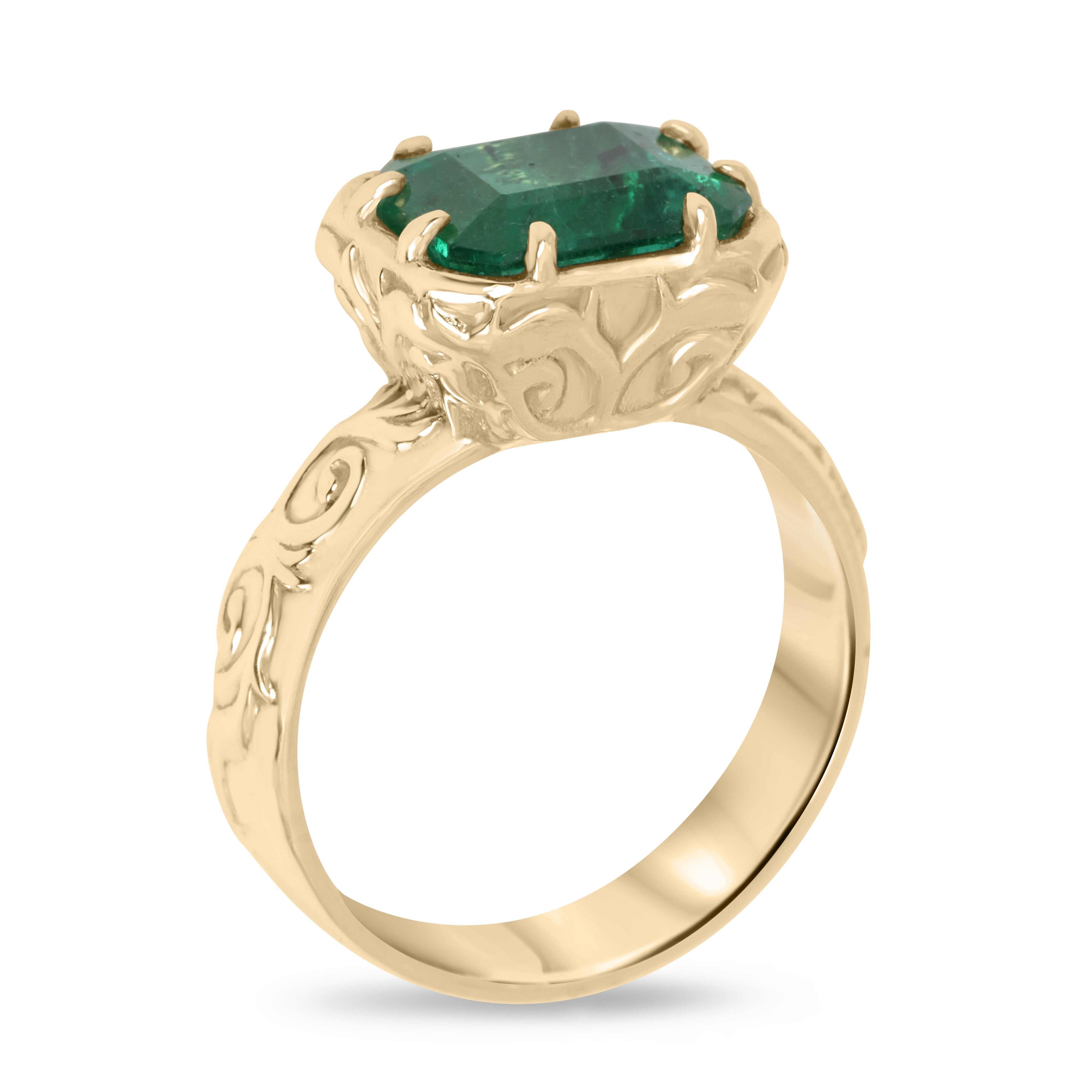3.65ct 14K East To West Freckled Earth Mined Emerald Solitaire with Scroll/Etch Gold Work - JR Colombian Emeralds
