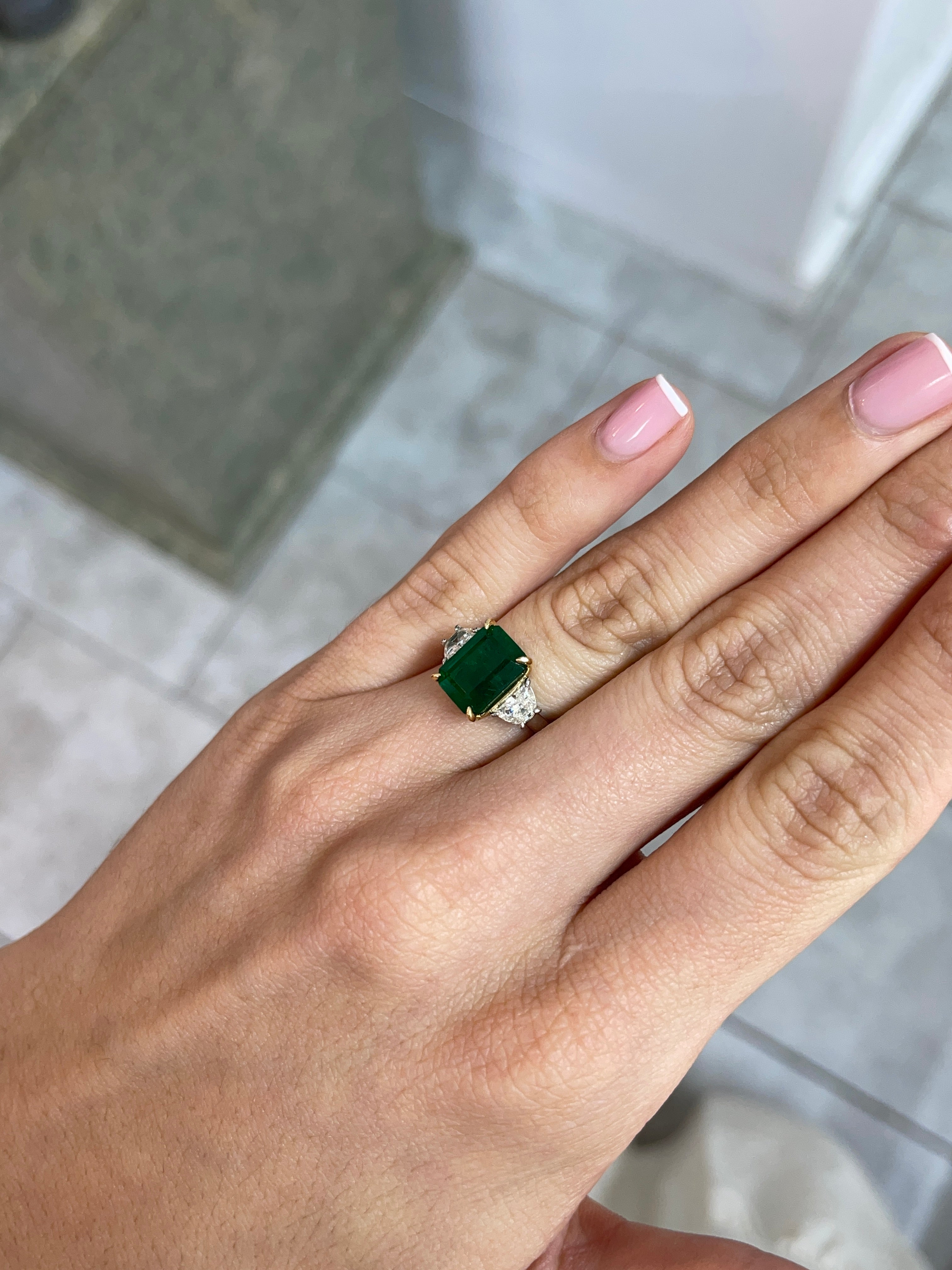 4.79tcw AAA Dark Green Emerald & VVS Diamond Three Stone Ring 18K Plat