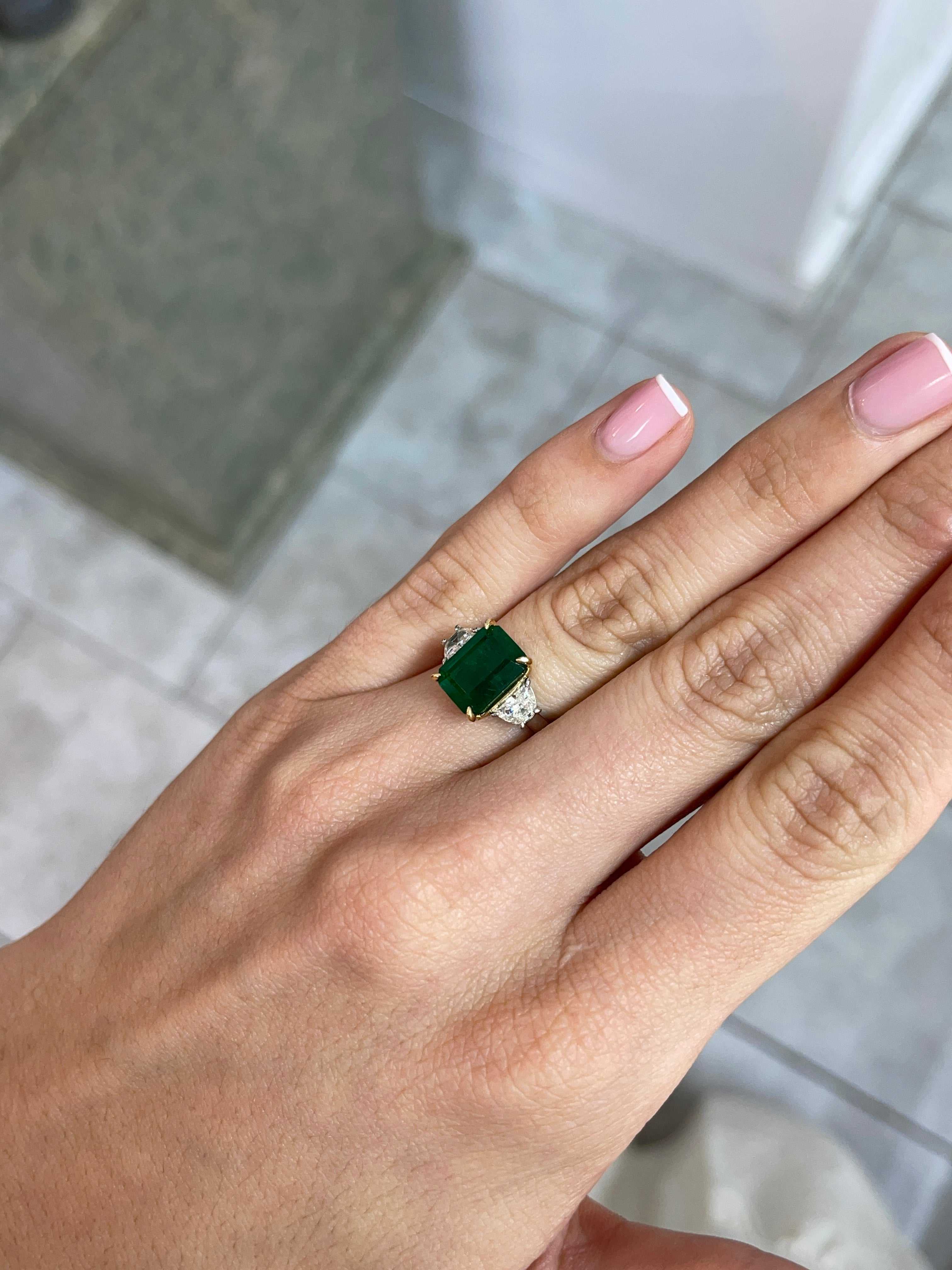 4.79tcw AAA Dark Green Emerald & VVS Diamond Three Stone Ring 18K Plat - JR Colombian Emeralds