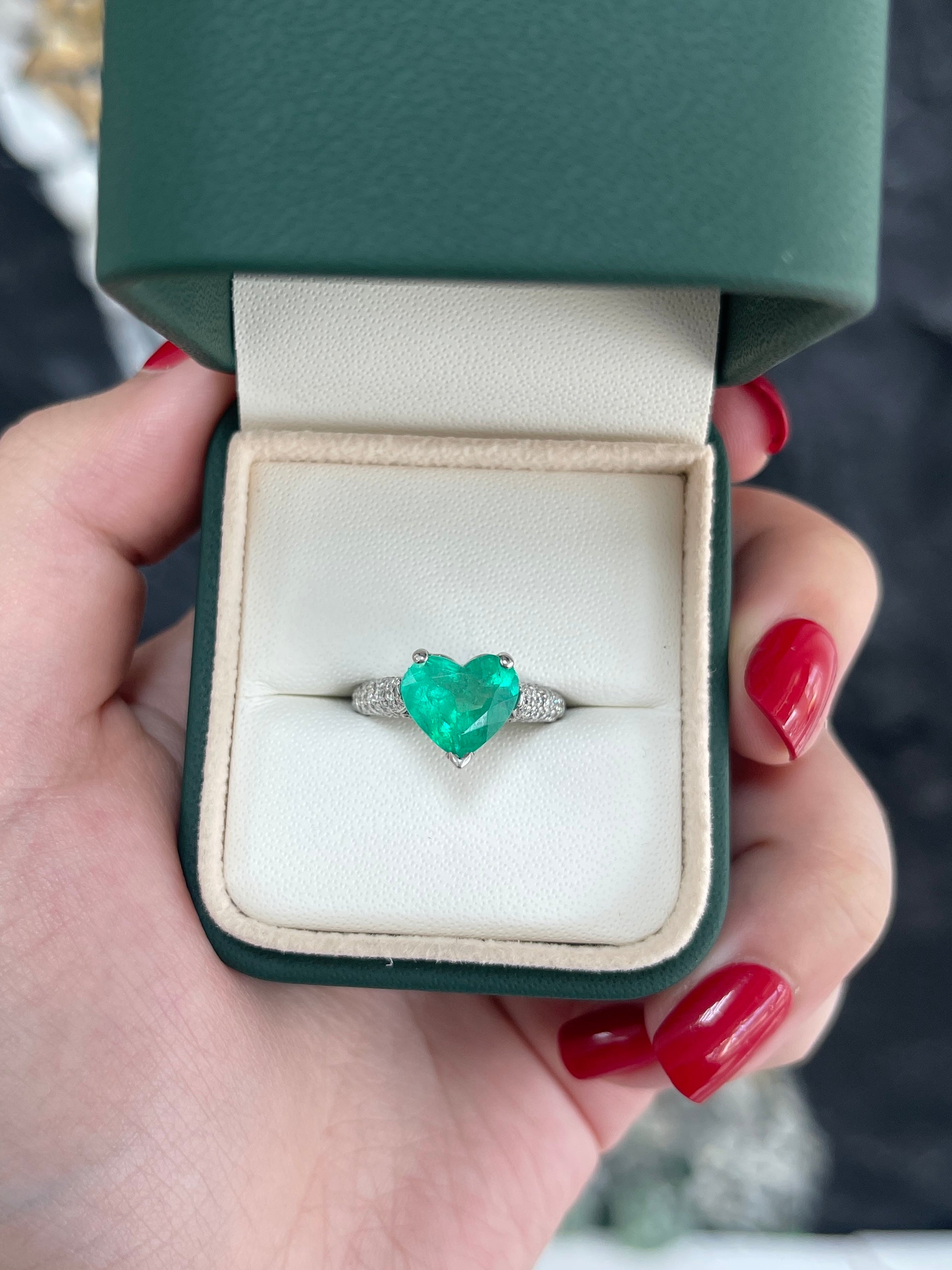 3.04tcw Colombian Emerald Diamond Platinum Heart Ring - JR Colombian Emeralds