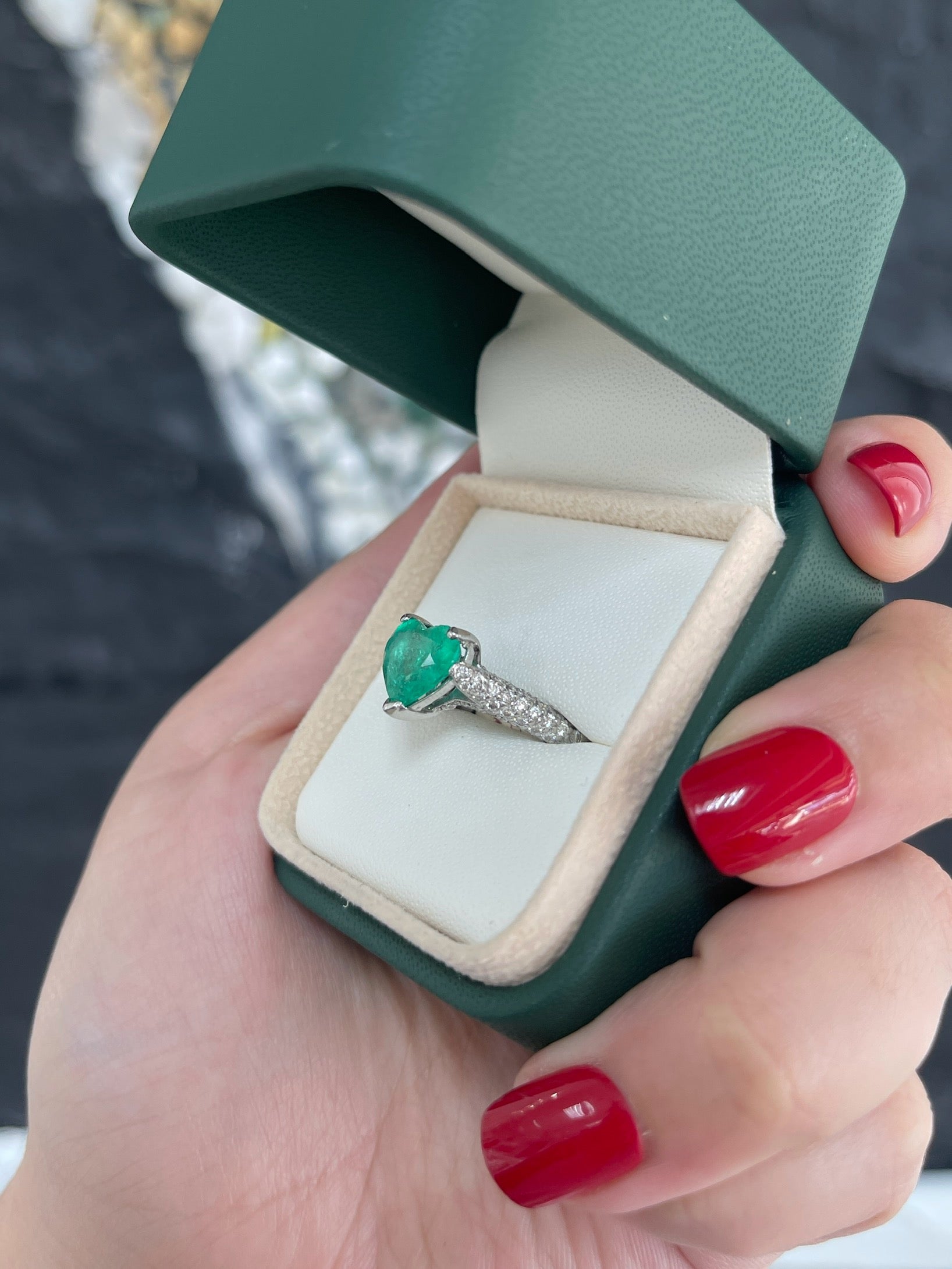 3.04tcw Colombian Emerald Diamond Platinum Heart Ring - JR Colombian Emeralds