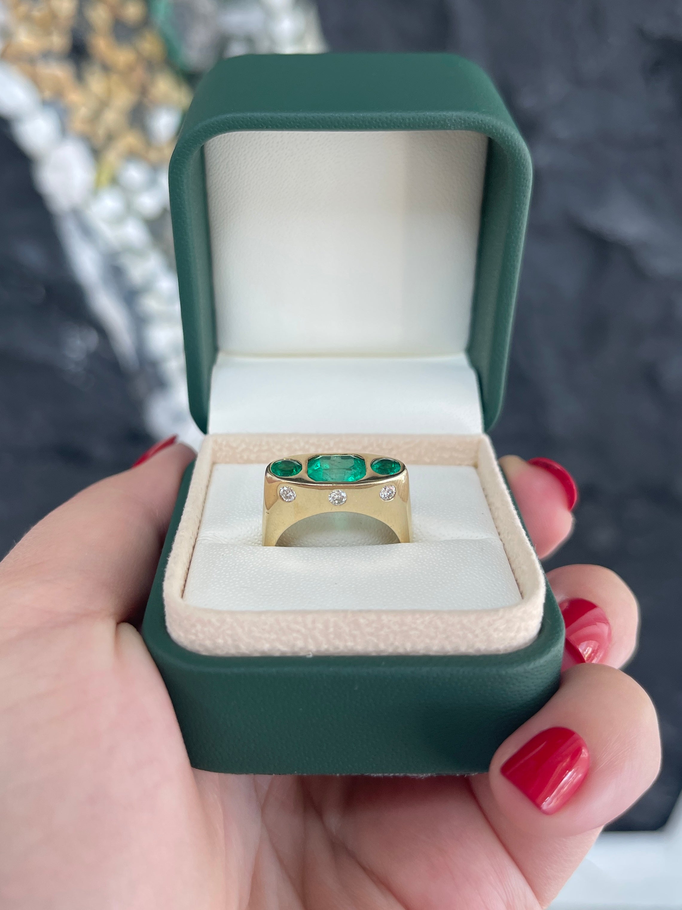 2.85tcw 14K Colombian Emerald Round Cut Three stone Diamond Ring - JR Colombian Emeralds