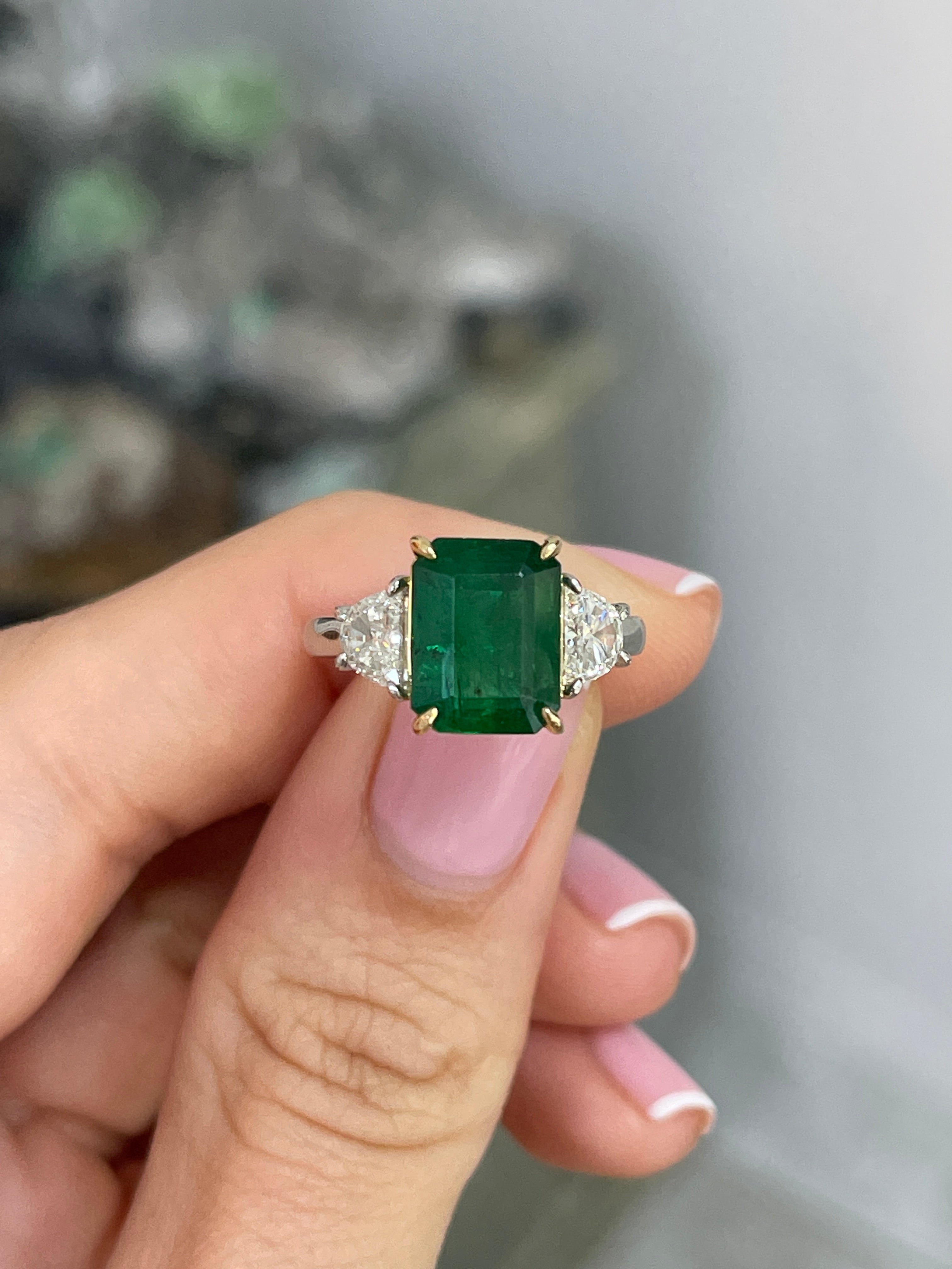 4.79tcw AAA Dark Green Emerald & VVS Diamond Three Stone Ring 18K Plat