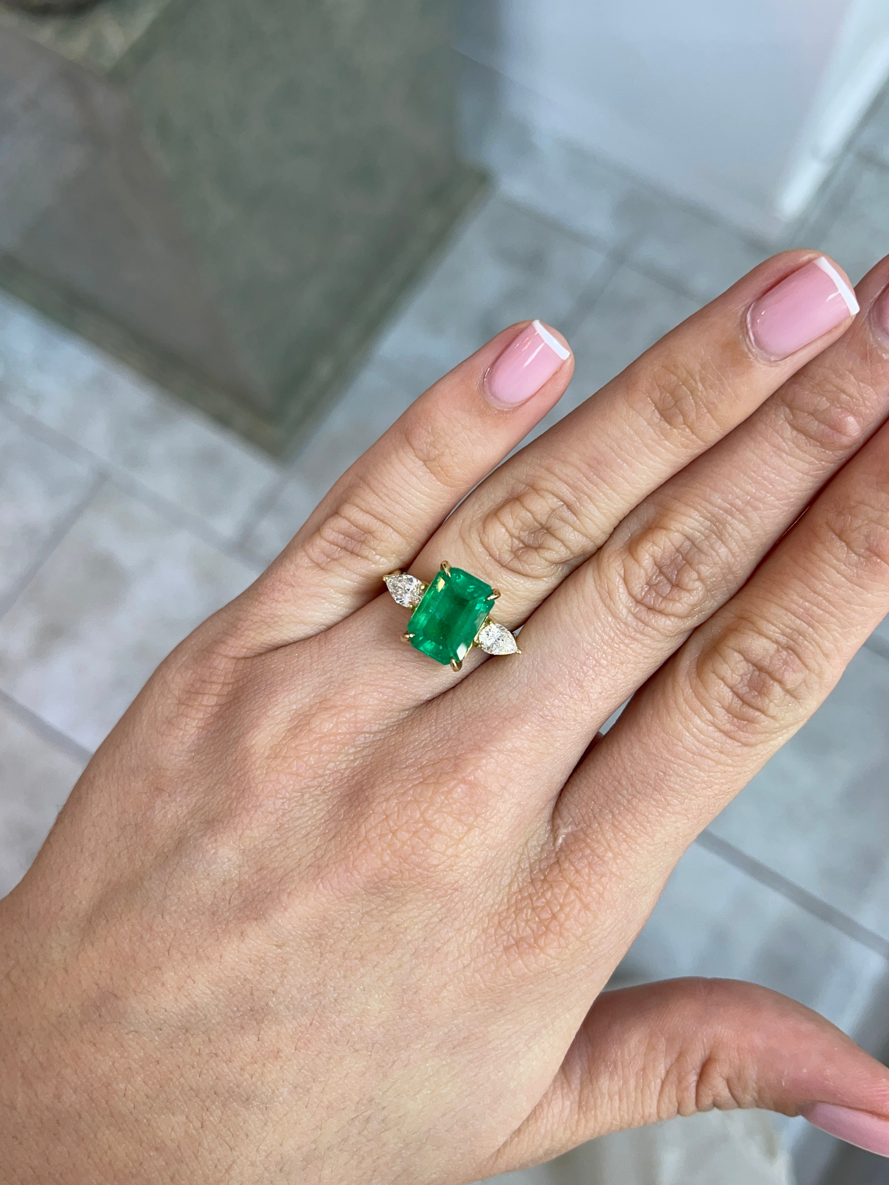 6.05tcw 18K Gold Crazy Rich 3 Stone Asians Emerald & Pear Diamond Ring - JR Colombian Emeralds