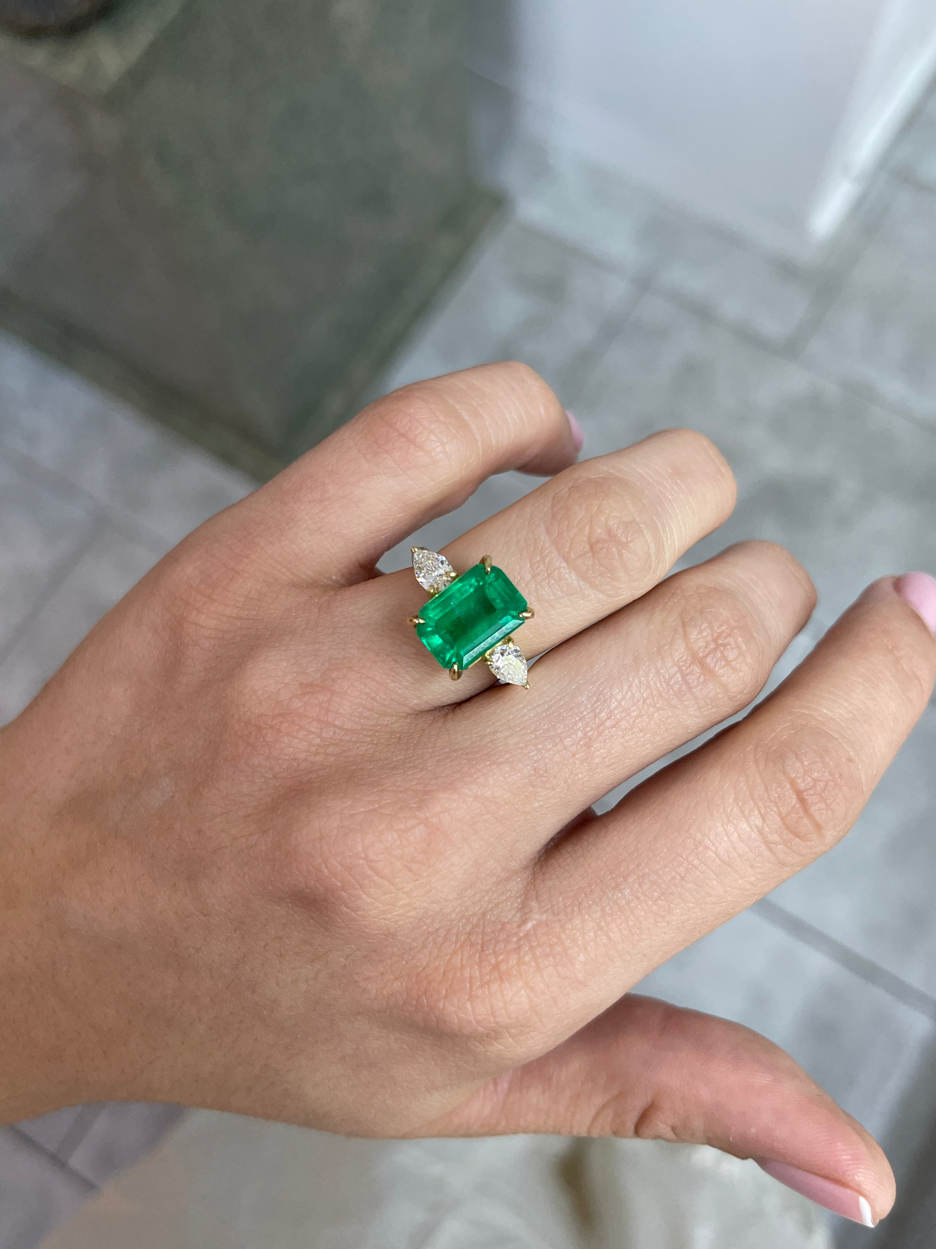 6.05tcw 18K Gold Crazy Rich 3 Stone Asians Emerald & Pear Diamond Ring - JR Colombian Emeralds