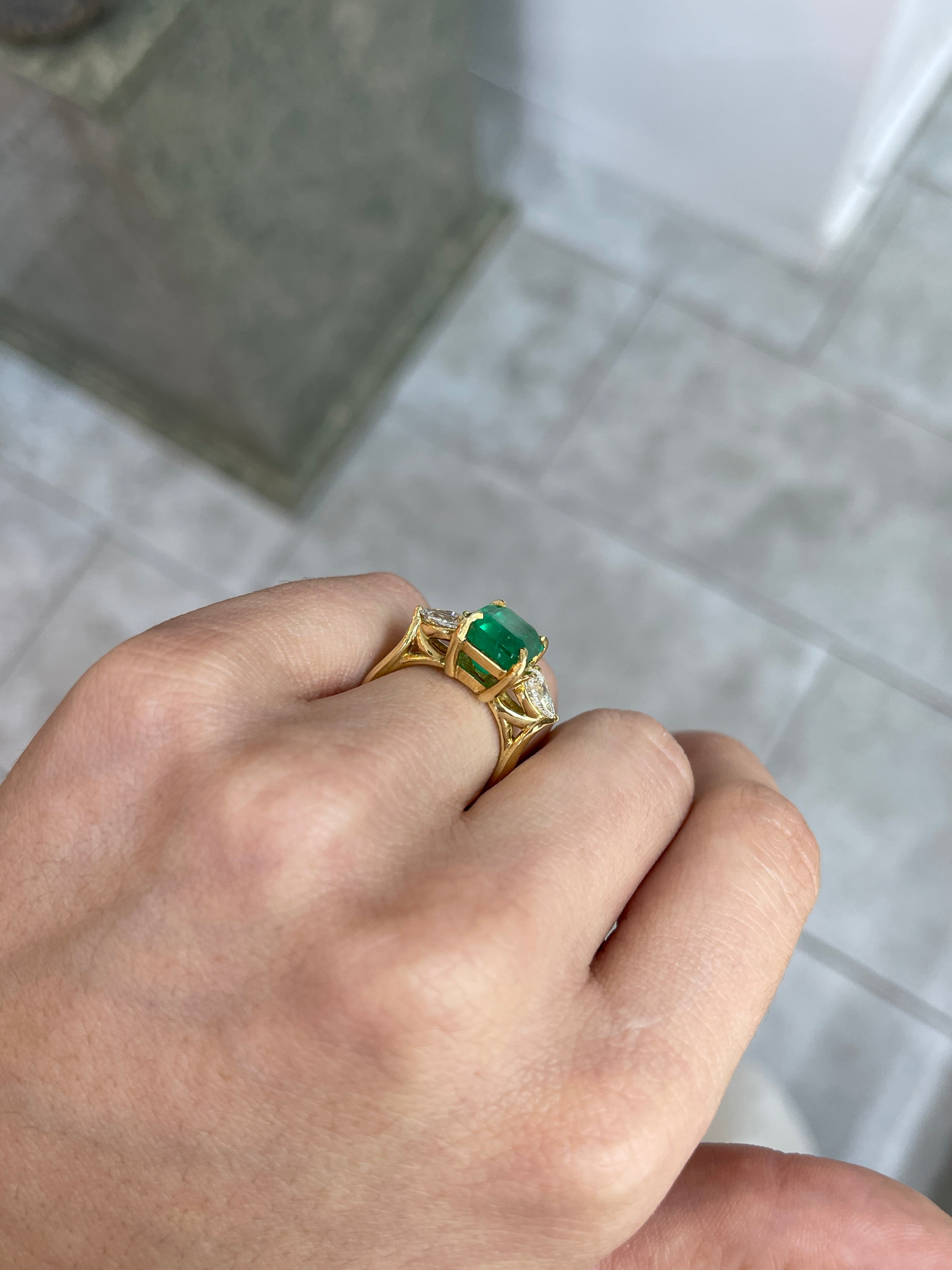 6.05tcw 18K Gold Crazy Rich 3 Stone Asians Emerald & Pear Diamond Ring - JR Colombian Emeralds
