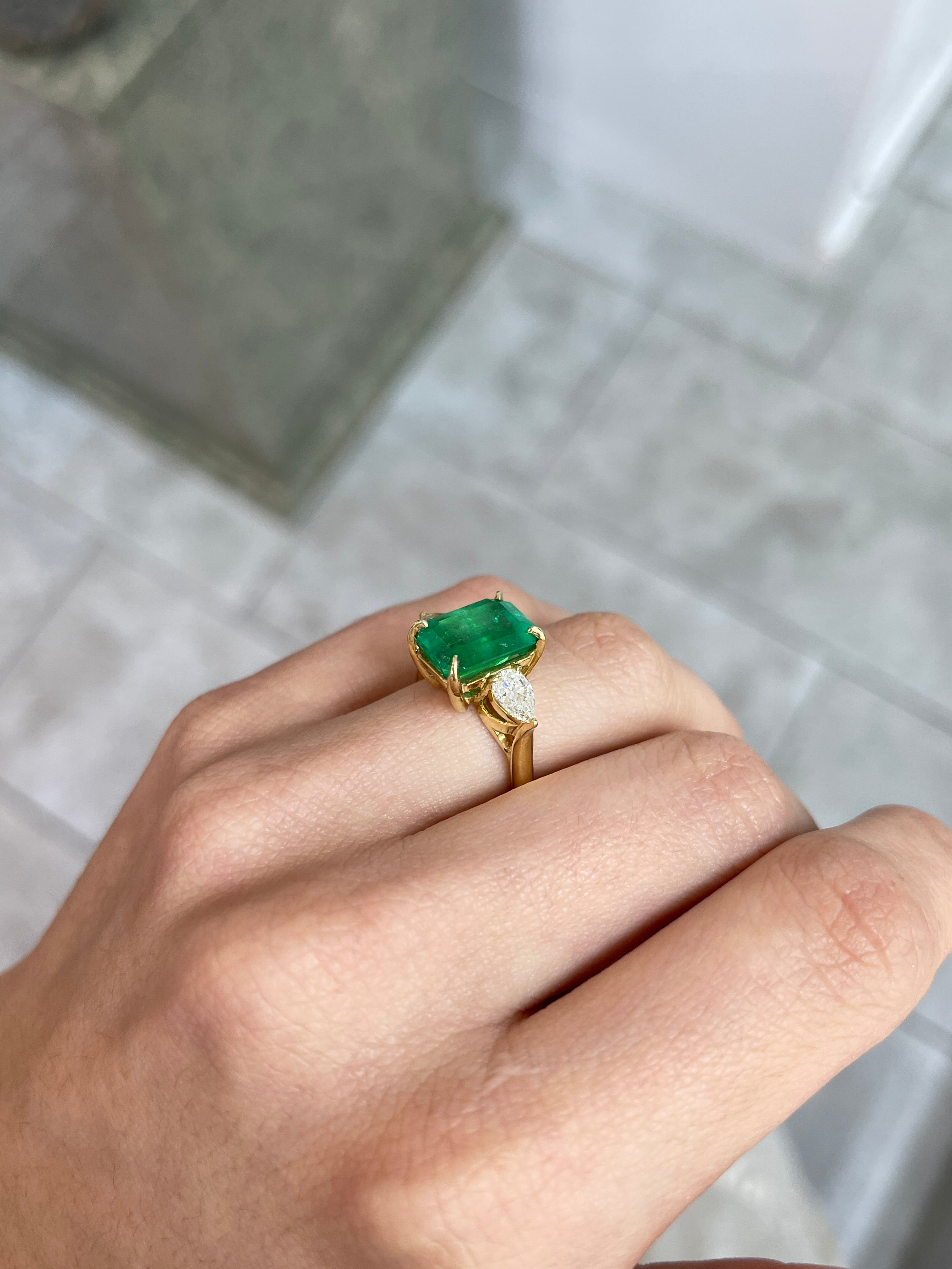 6.05tcw 18K Gold Crazy Rich 3 Stone Asians Emerald & Pear Diamond Ring - JR Colombian Emeralds