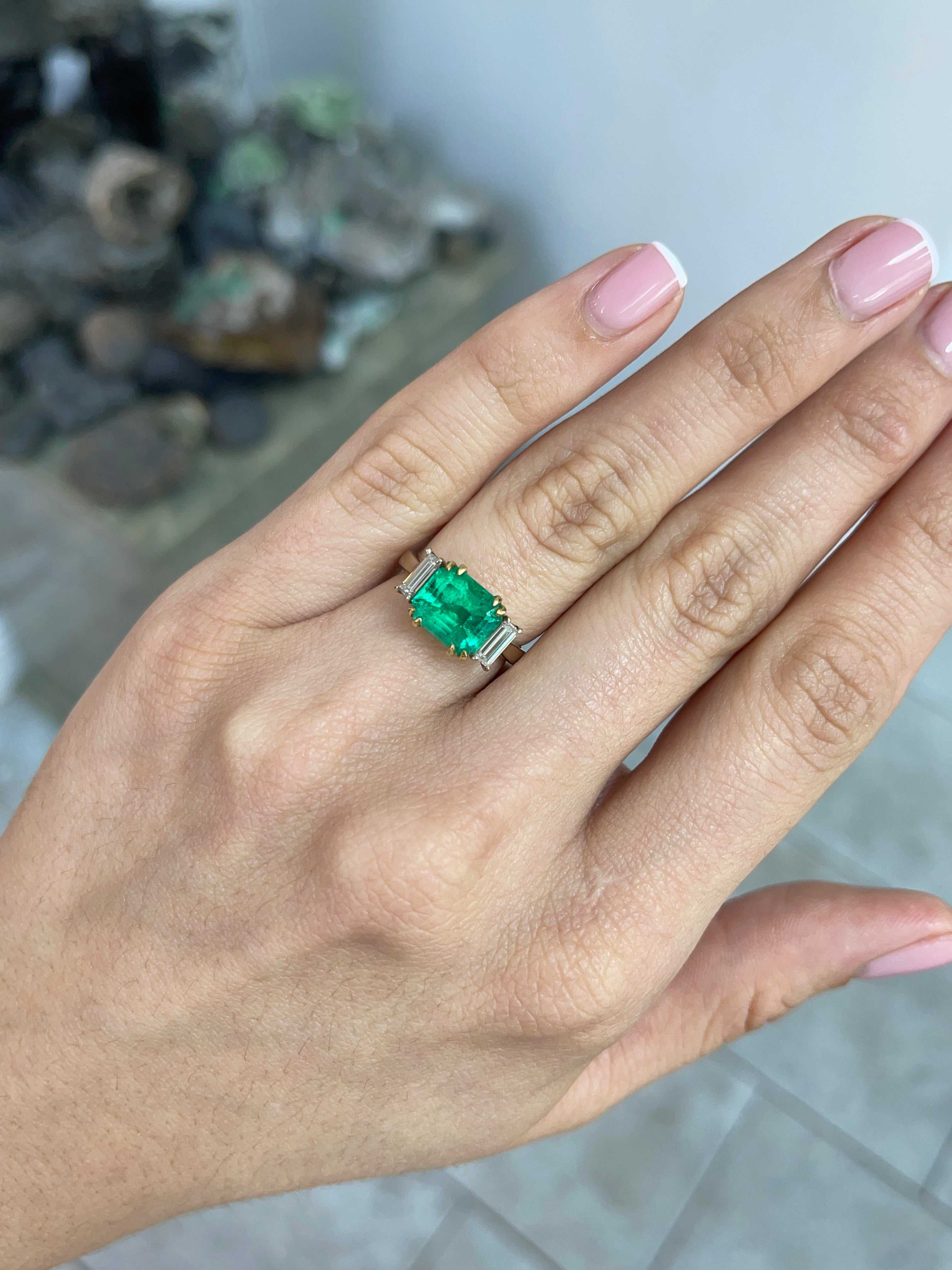 3.21tcw 18K Three Stone Colombian Emerald Two Toned Engagement Ring