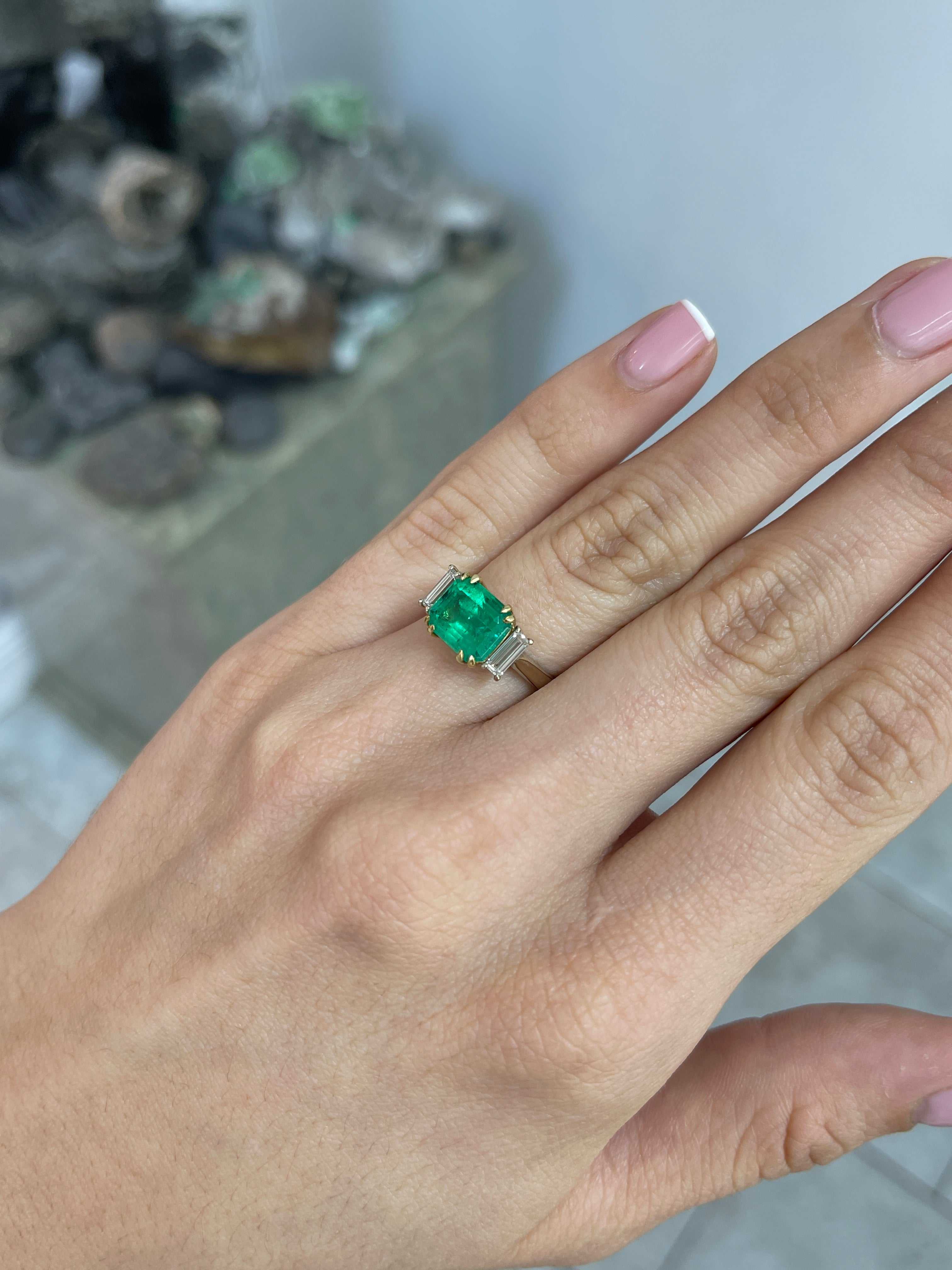 3.21tcw 18K Three Stone Colombian Emerald Two Toned Engagement Ring