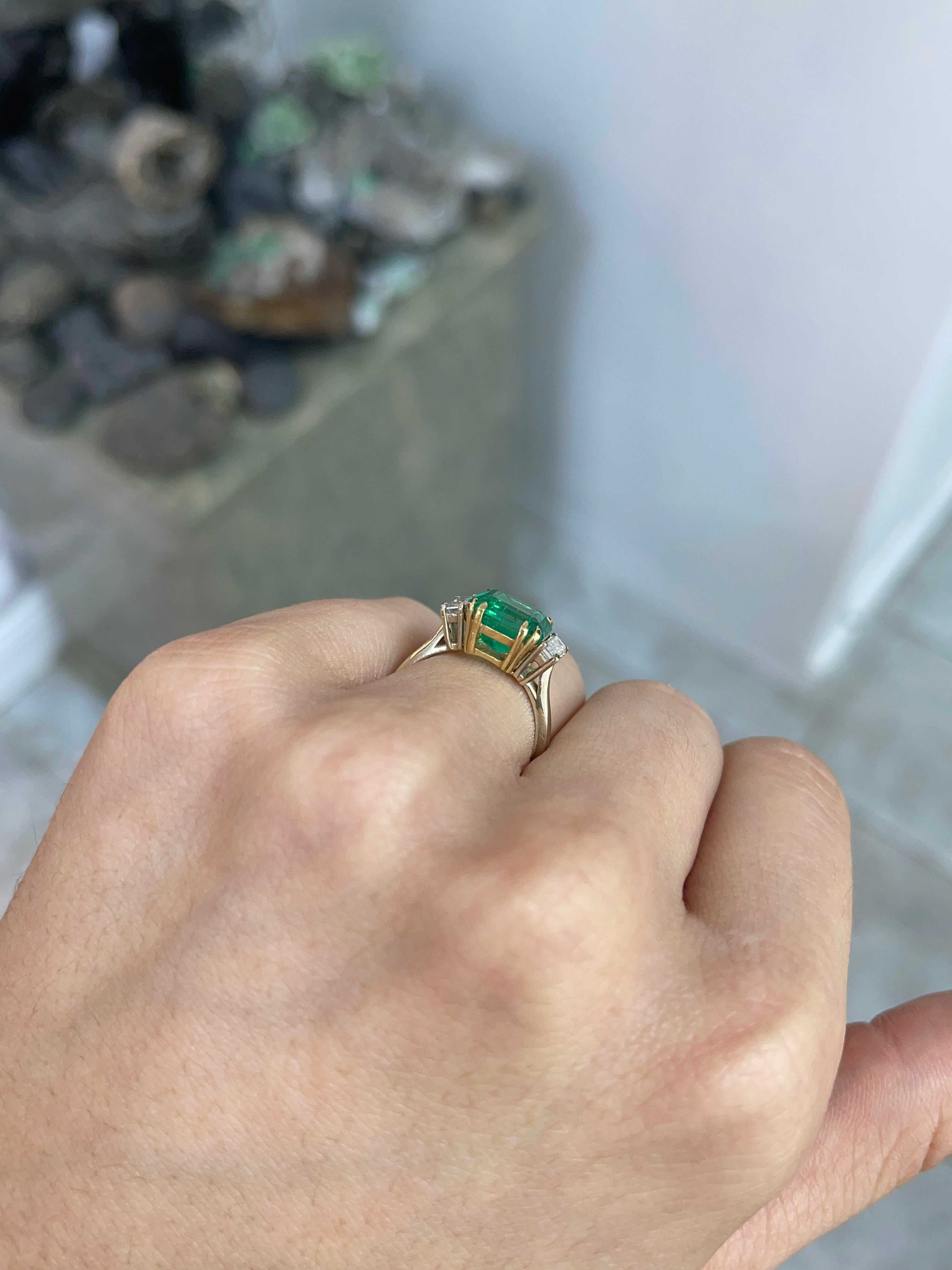 3.21tcw 18K Three Stone Colombian Emerald Two Toned Engagement Ring