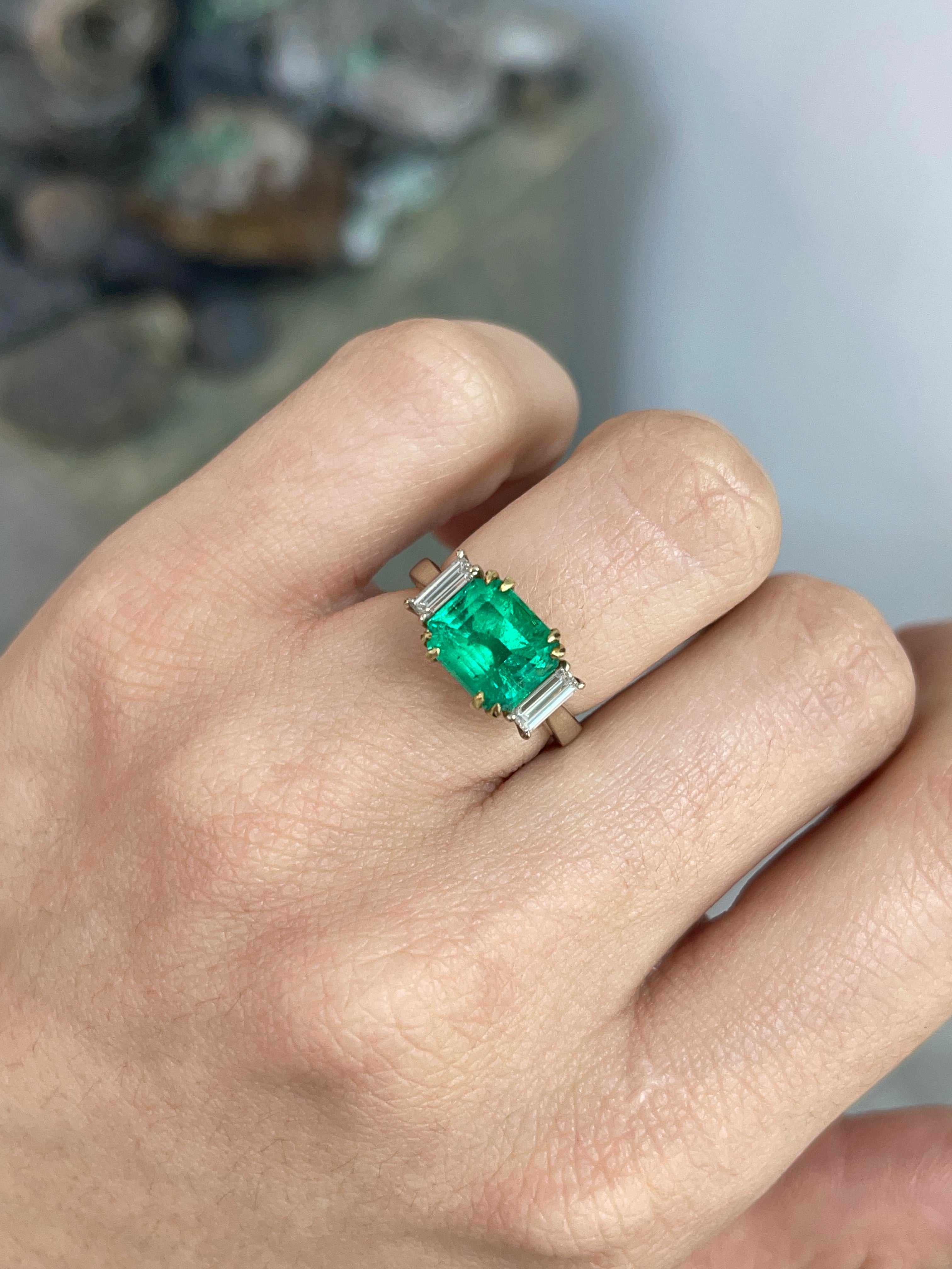 3.21tcw 18K Three Stone Colombian Emerald Two Toned Engagement Ring