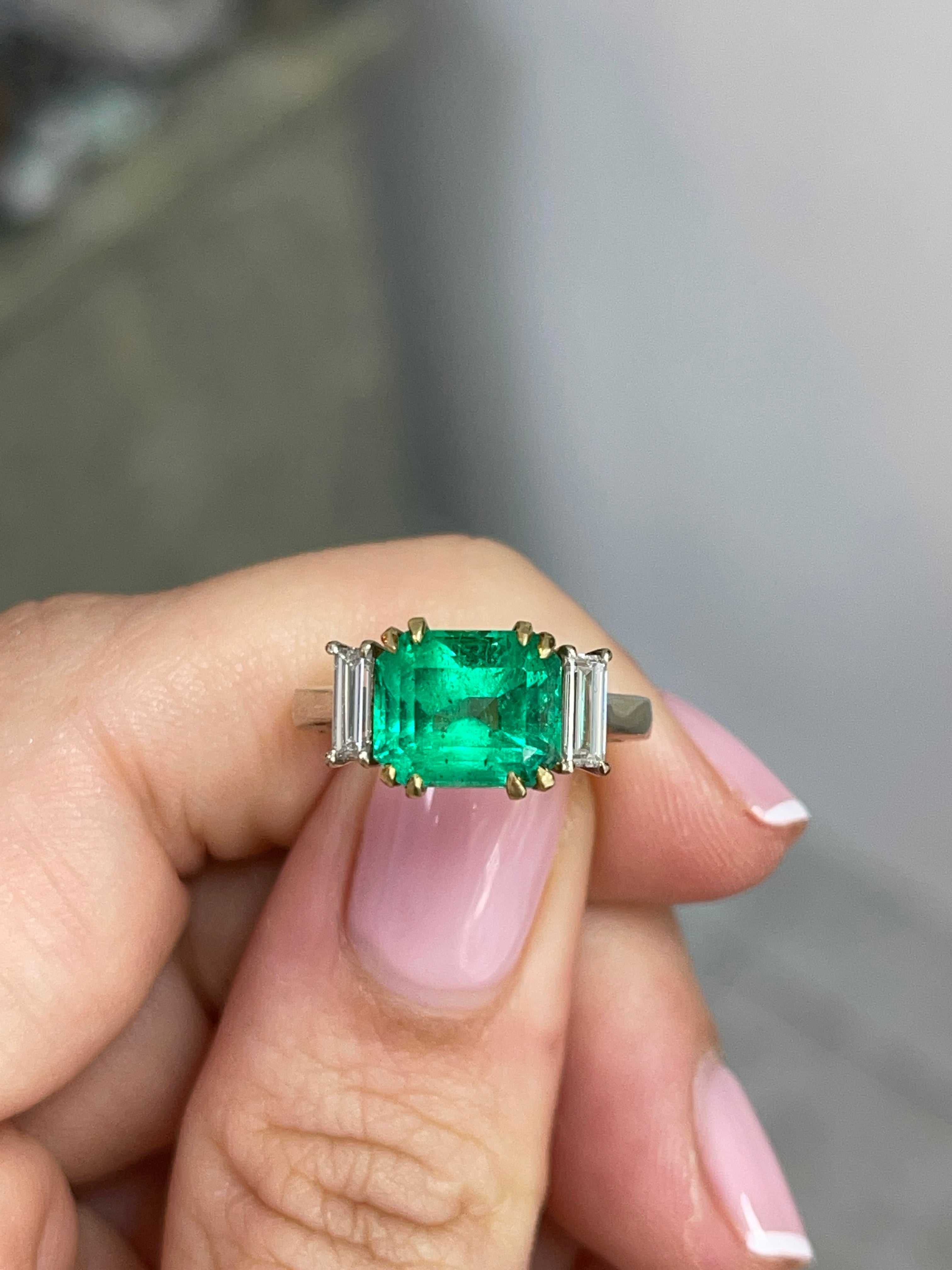 3.21tcw 18K Three Stone Colombian Emerald Two Toned Engagement Ring