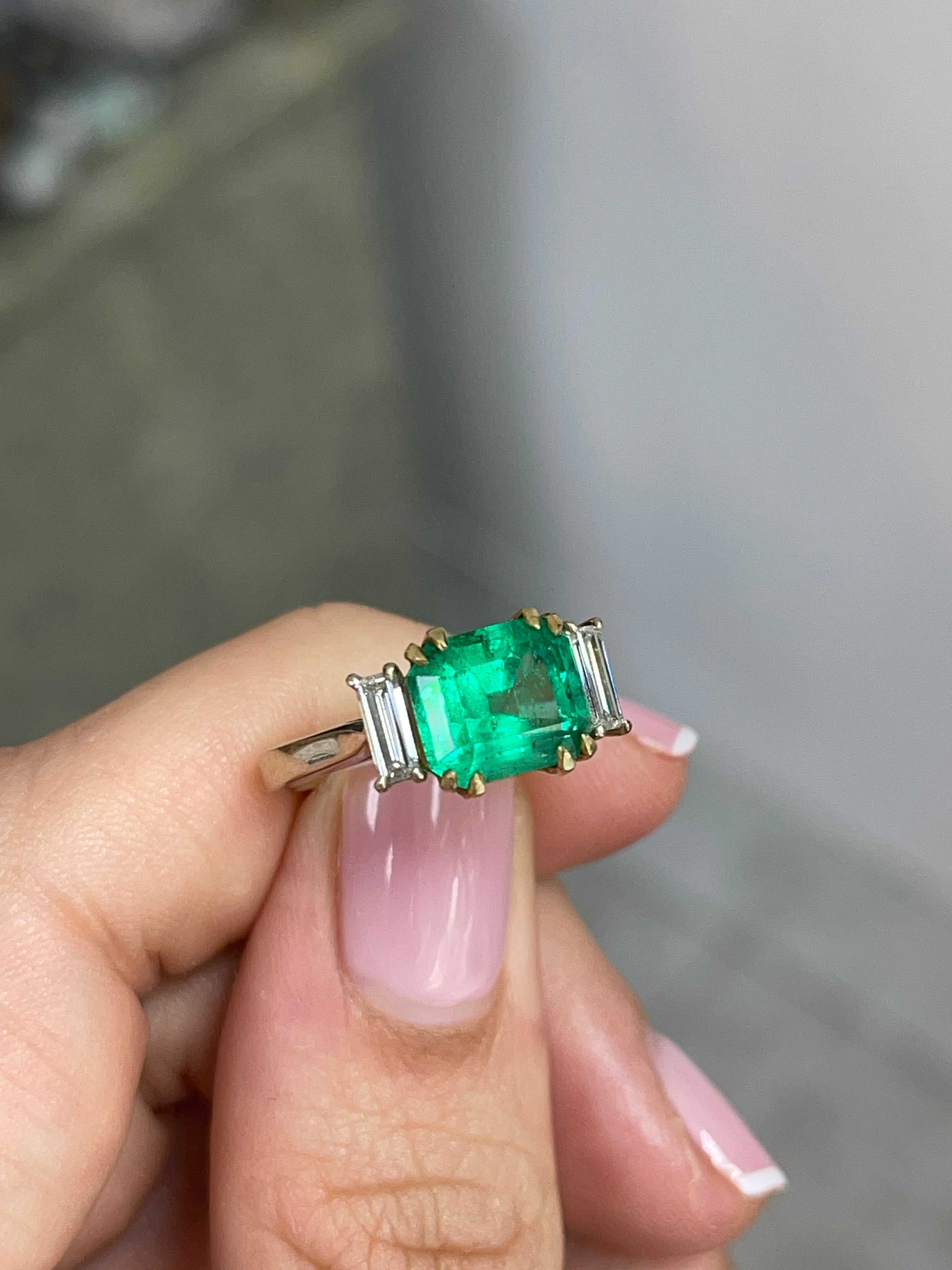 3.21tcw 18K Three Stone Colombian Emerald Two Toned Engagement Ring