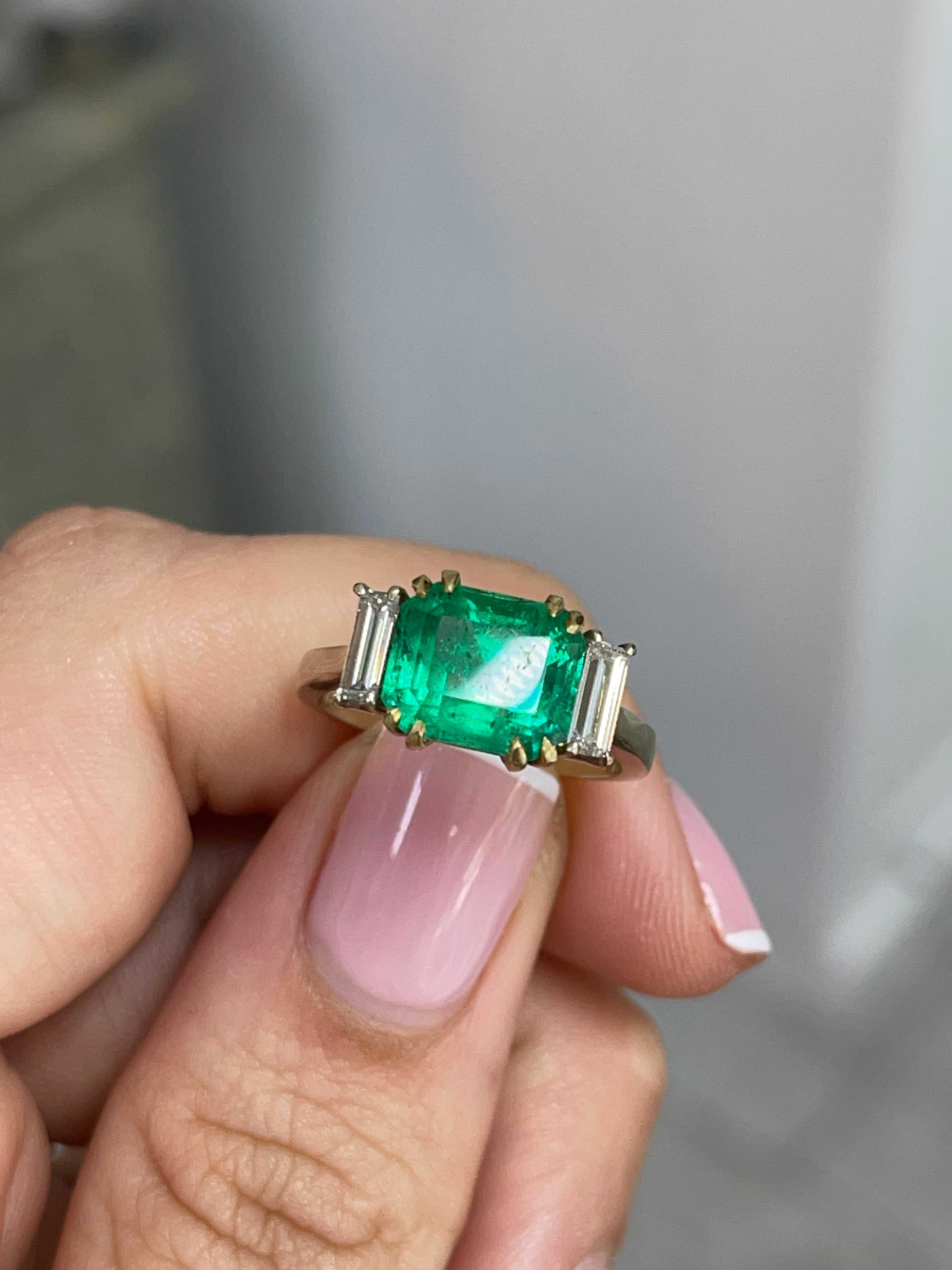 3.21tcw 18K Three Stone Colombian Emerald Two Toned Engagement Ring