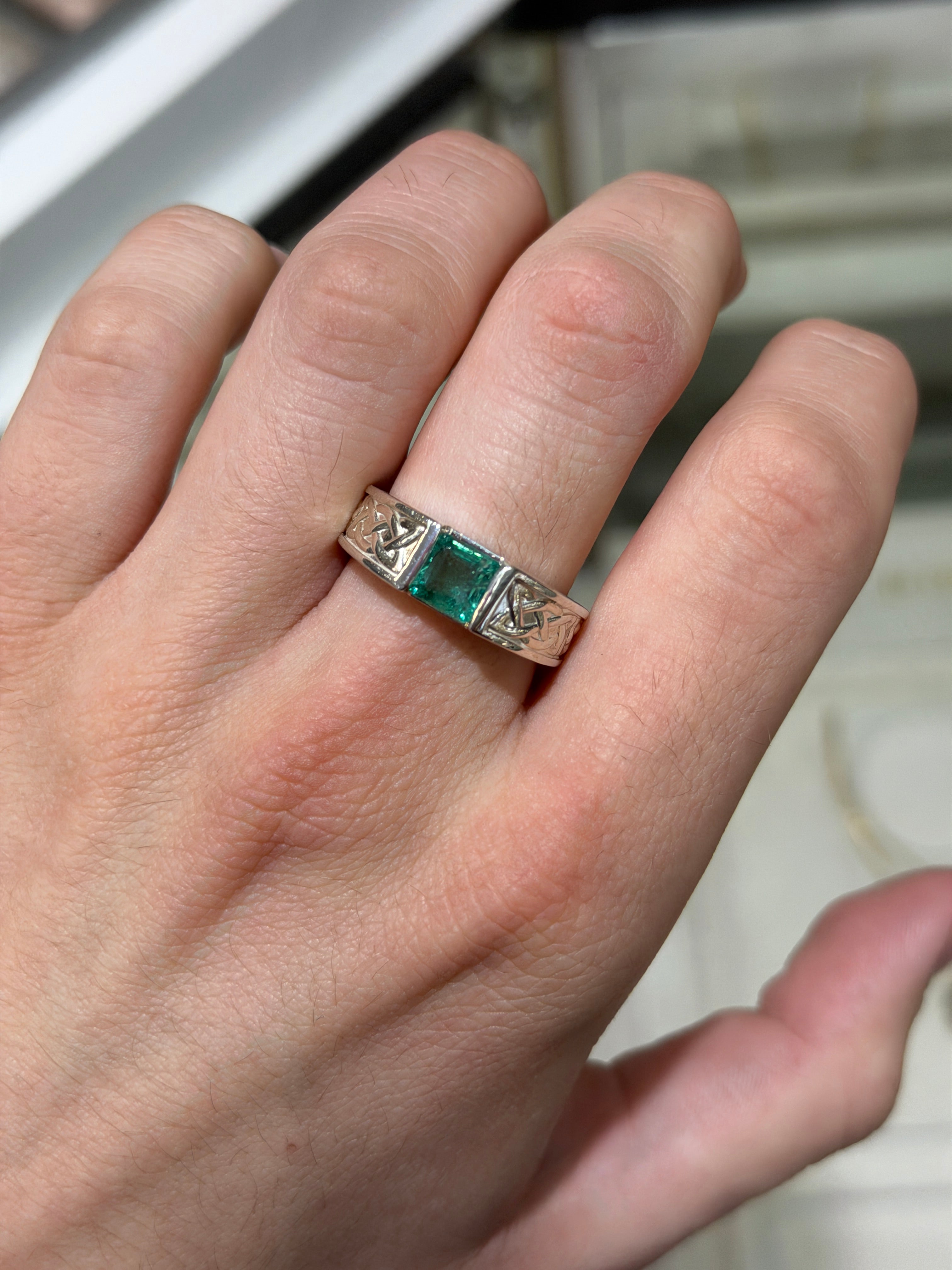 1.70ct 925 Celtic Irish Knot Asscher Emerald Solitaire Ring