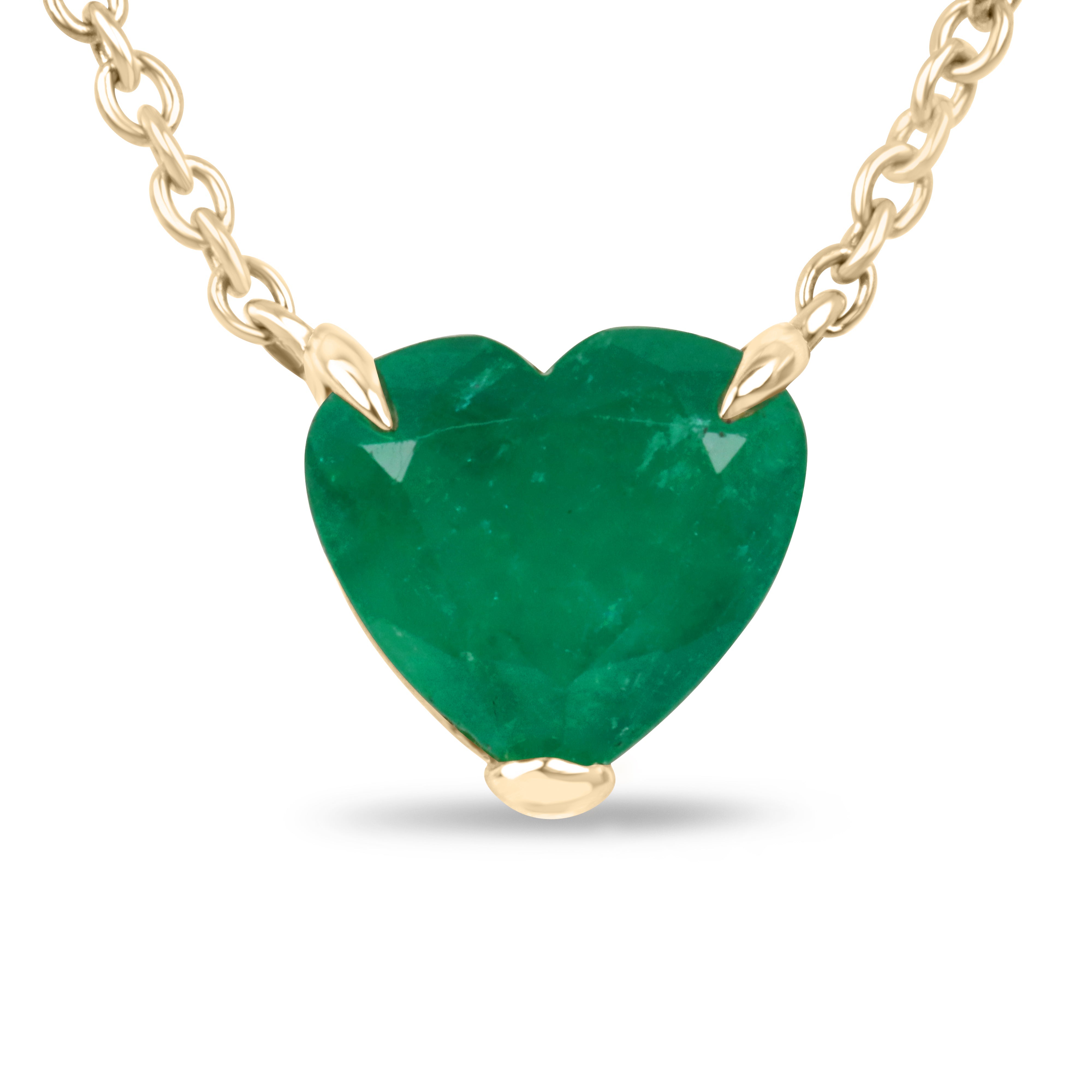 2.22 carat Colombian emerald heart cut solitaire necklace in 18K yellow gold with adjustable chain