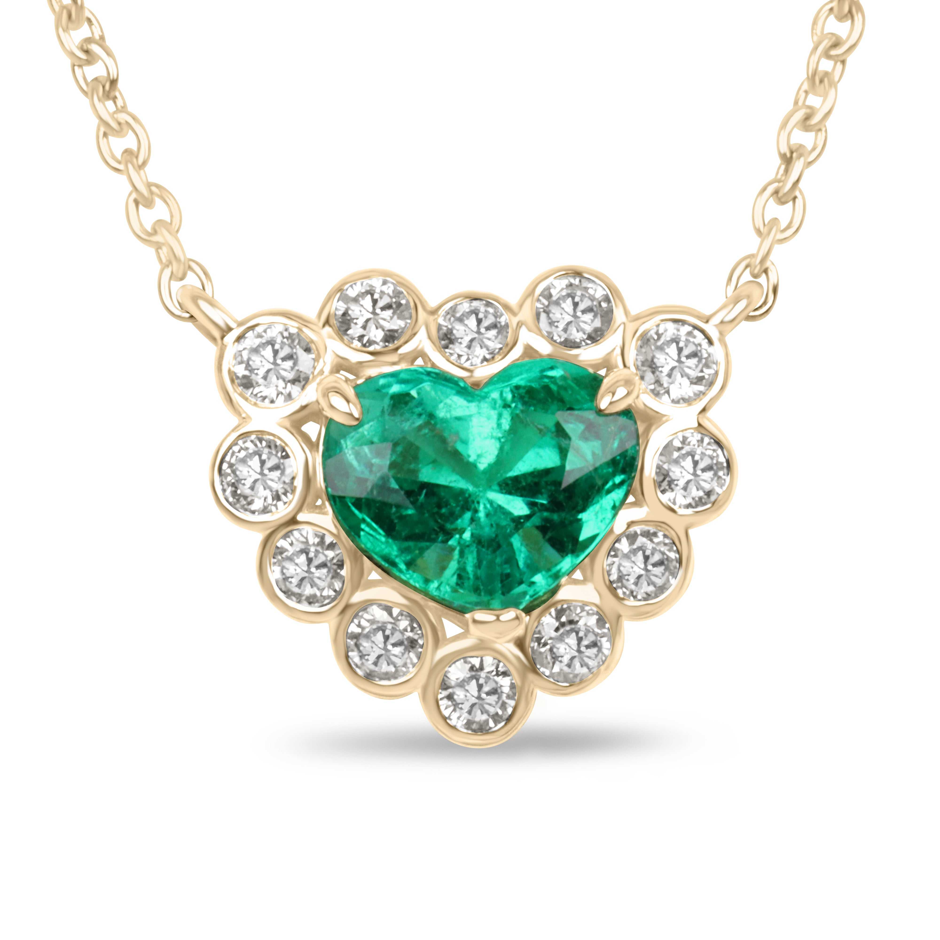 2.24tcw Colombian Emerald Heart and VS Diamond Halo Necklace in 18K Gold