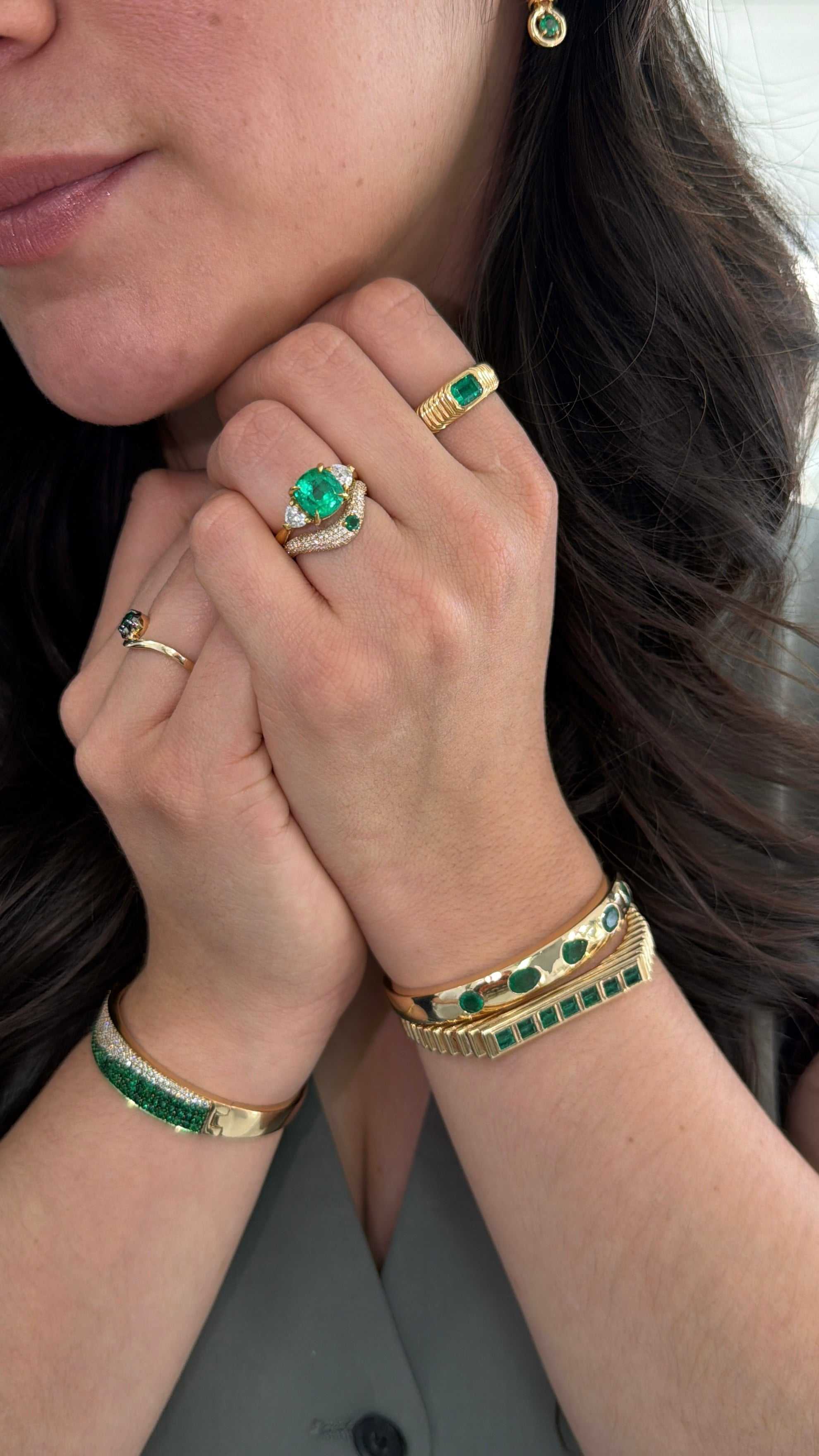 Colombian Emerald 18K engagement ring featuring a 3.54tcw vivid cushion-cut Colombian emerald and romantic diamond accents