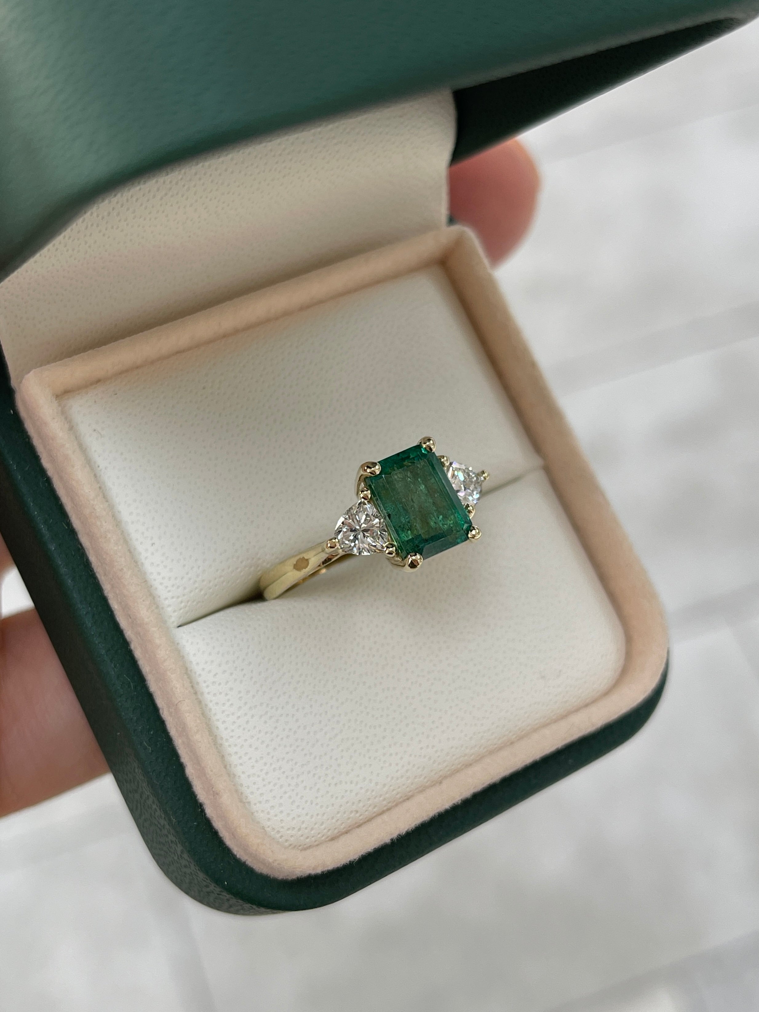 3.15tcw Natural Emerald & Lab Trillion Cut Diamond 14K Three Stone Ring - JR Colombian Emeralds