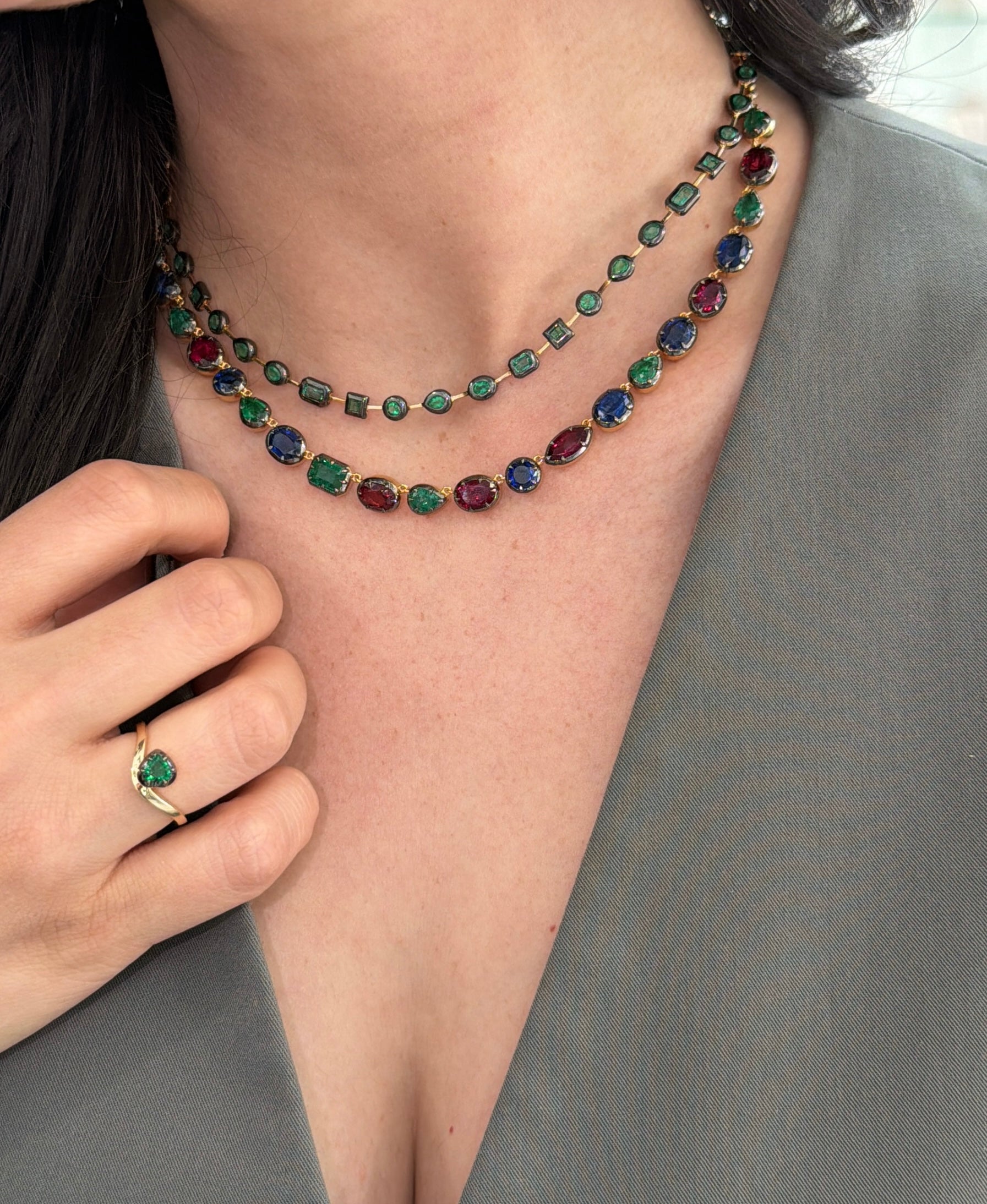 Natural emerald, ruby, and kyanite mixed color necklace with 17-inch 925 silver chain from JR Colombian Emeralds.