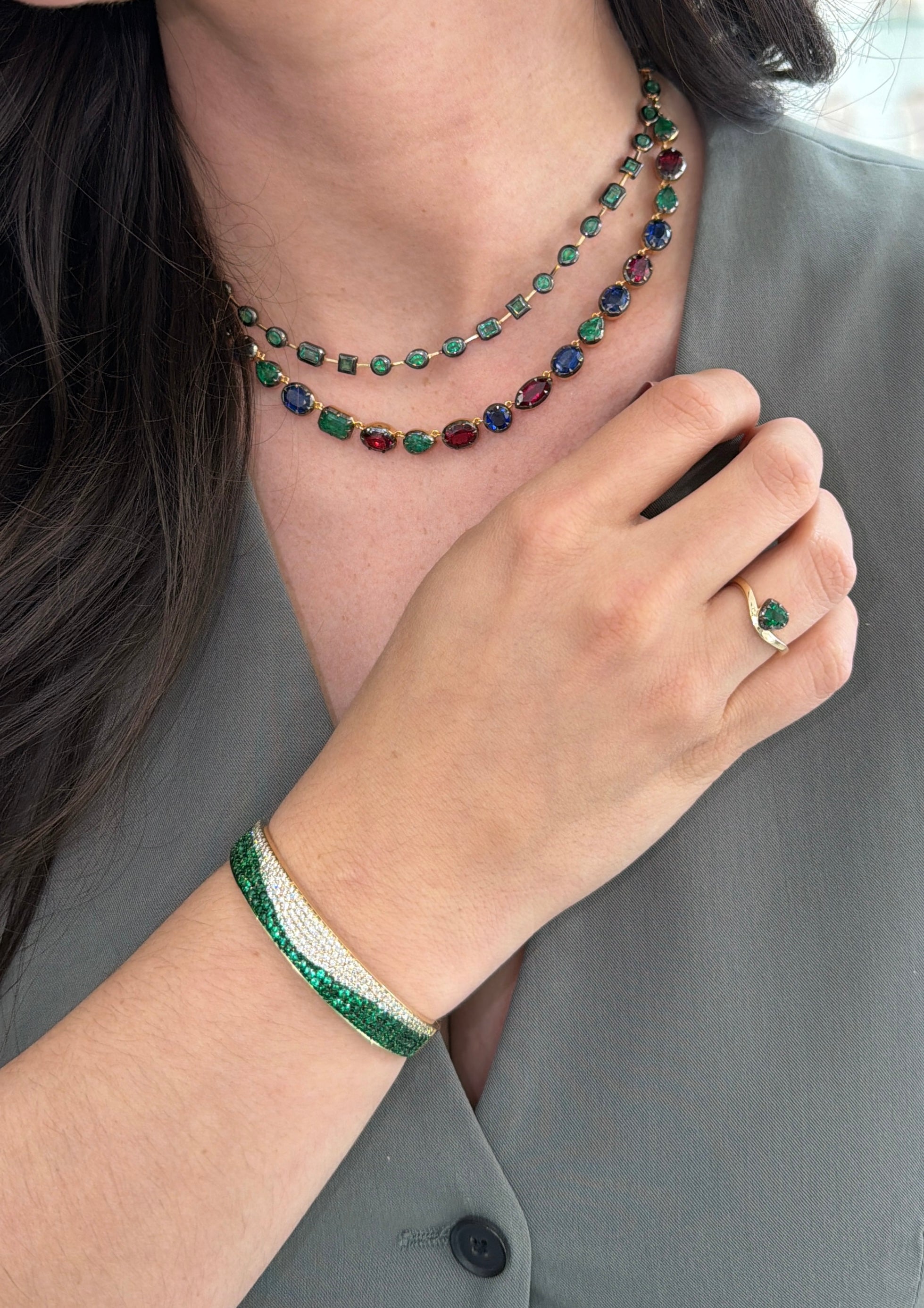 34.94tcw mixed color emerald, ruby, and kyanite necklace by JR Colombian Emeralds, 17-inch sterling silver chain, polished and cut gemstones