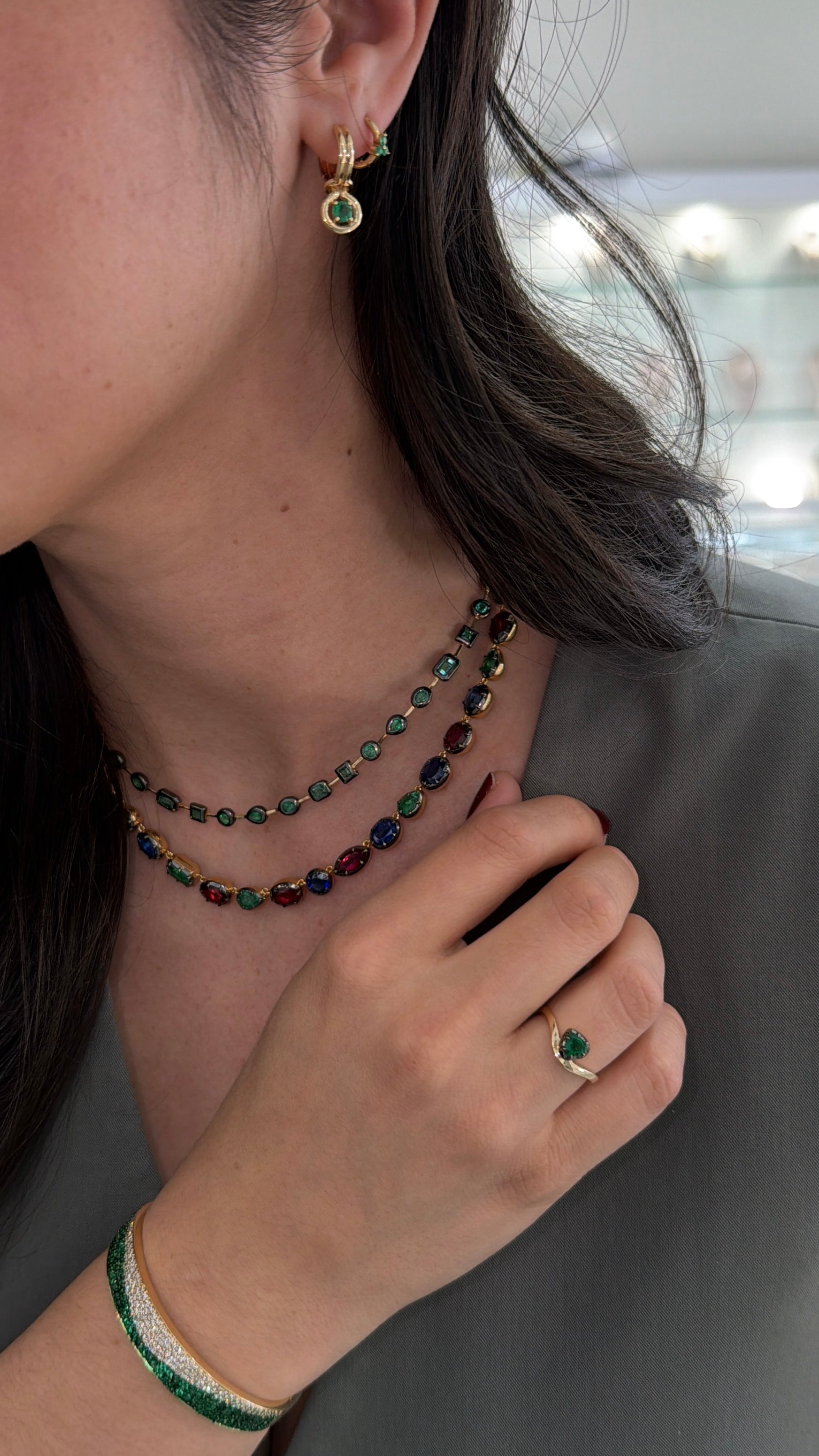 34.94tcw mixed color natural emerald, ruby, and kyanite necklace with cut gemstones on a 17-inch 925 silver chain by JR Colombian Emeralds.