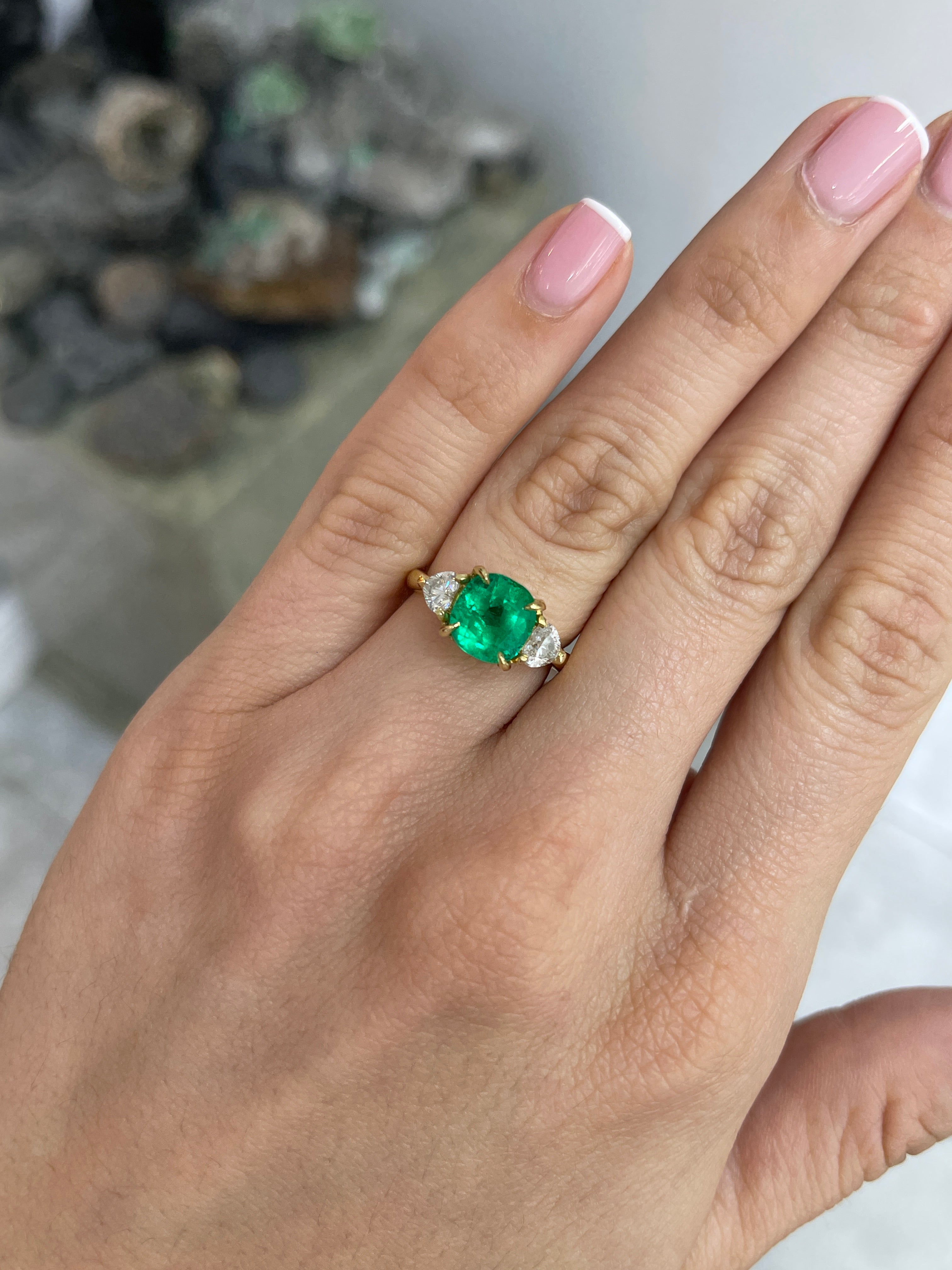 3.54tcw Vivid Colombian Cushion Emerald & Heart Romantic Diamond Engagement Ring 18K