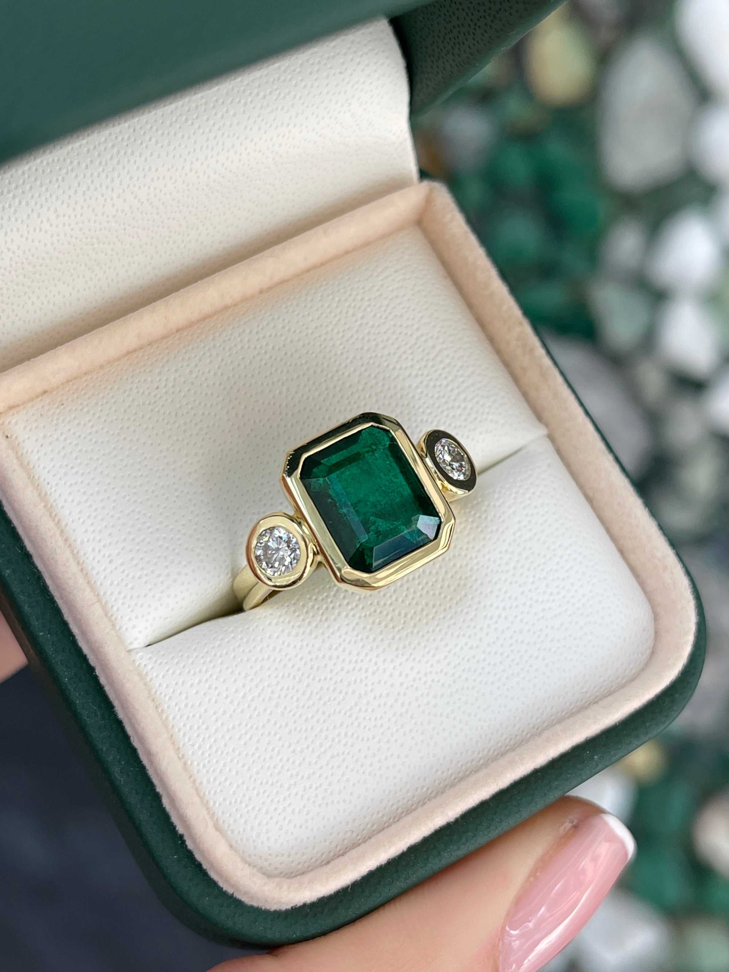 4.58tcw Bezel Set Natural Dark Emerald & Round Diamond 18K Three Stone Ring - JR Colombian Emeralds