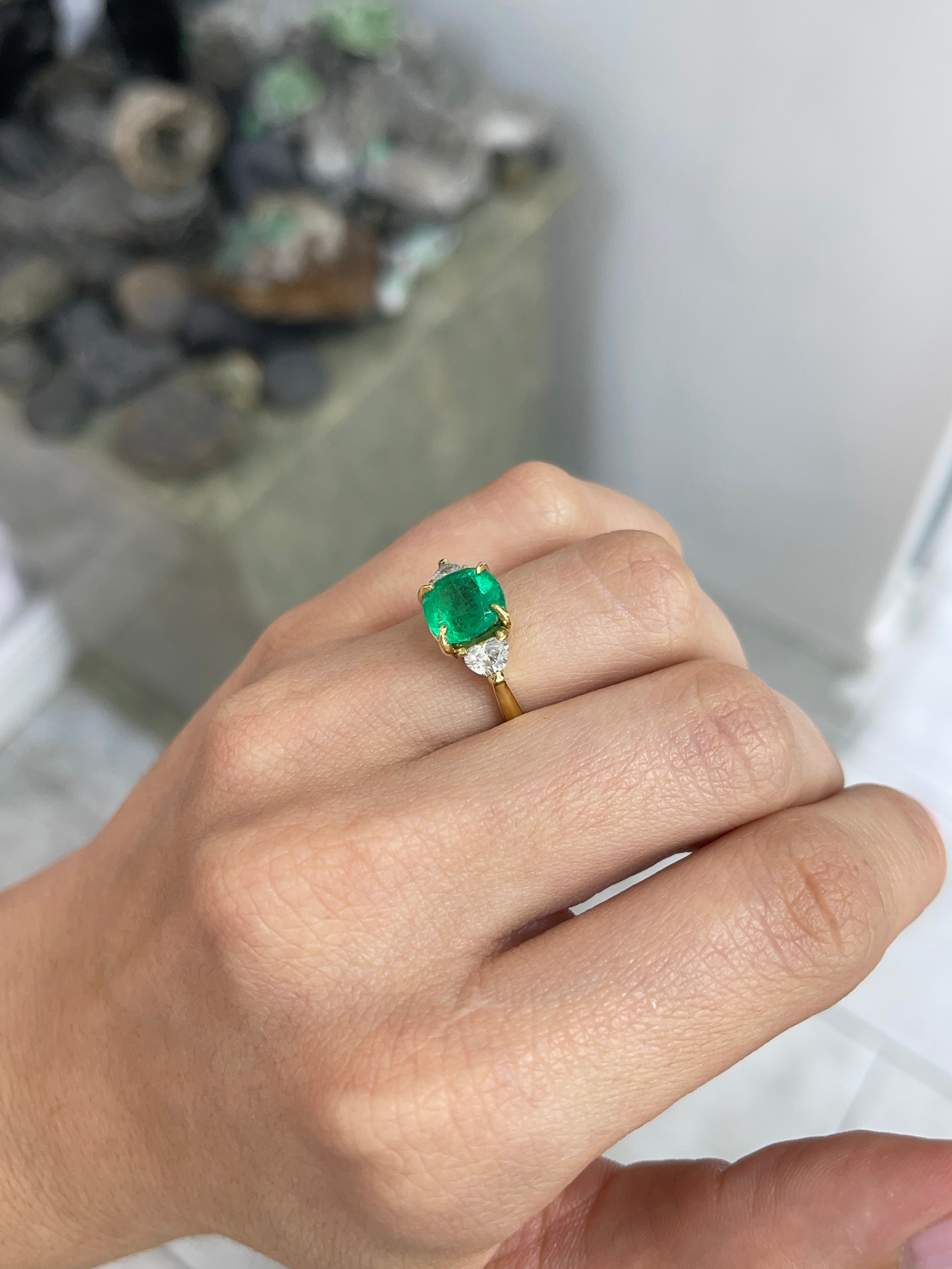 3.54tcw Vivid Colombian Cushion Emerald & Heart Romantic Diamond Engagement Ring 18K