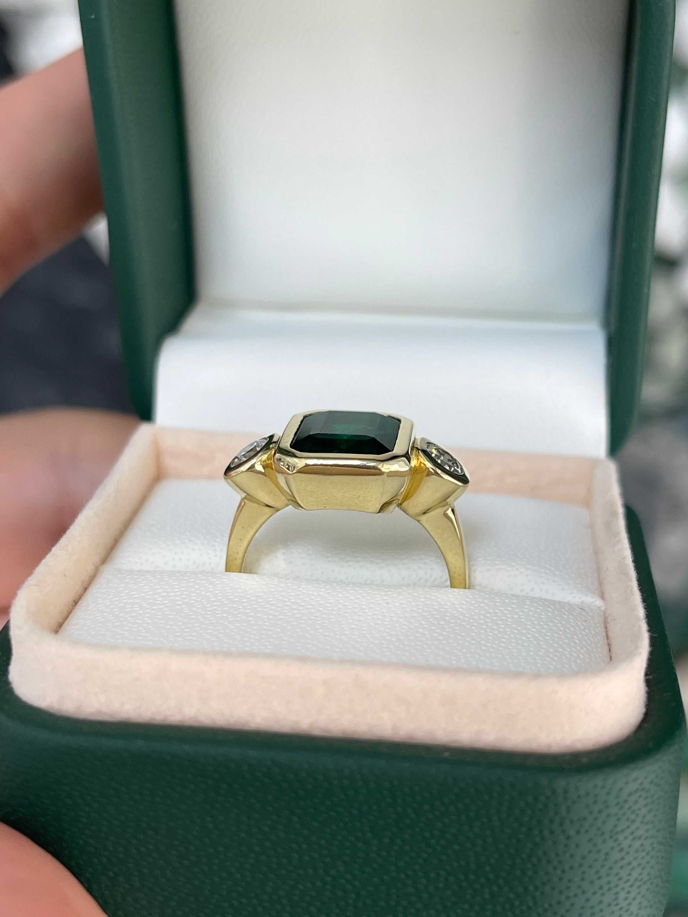 4.58tcw Bezel Set Natural Dark Emerald & Round Diamond 18K Three Stone Ring - JR Colombian Emeralds