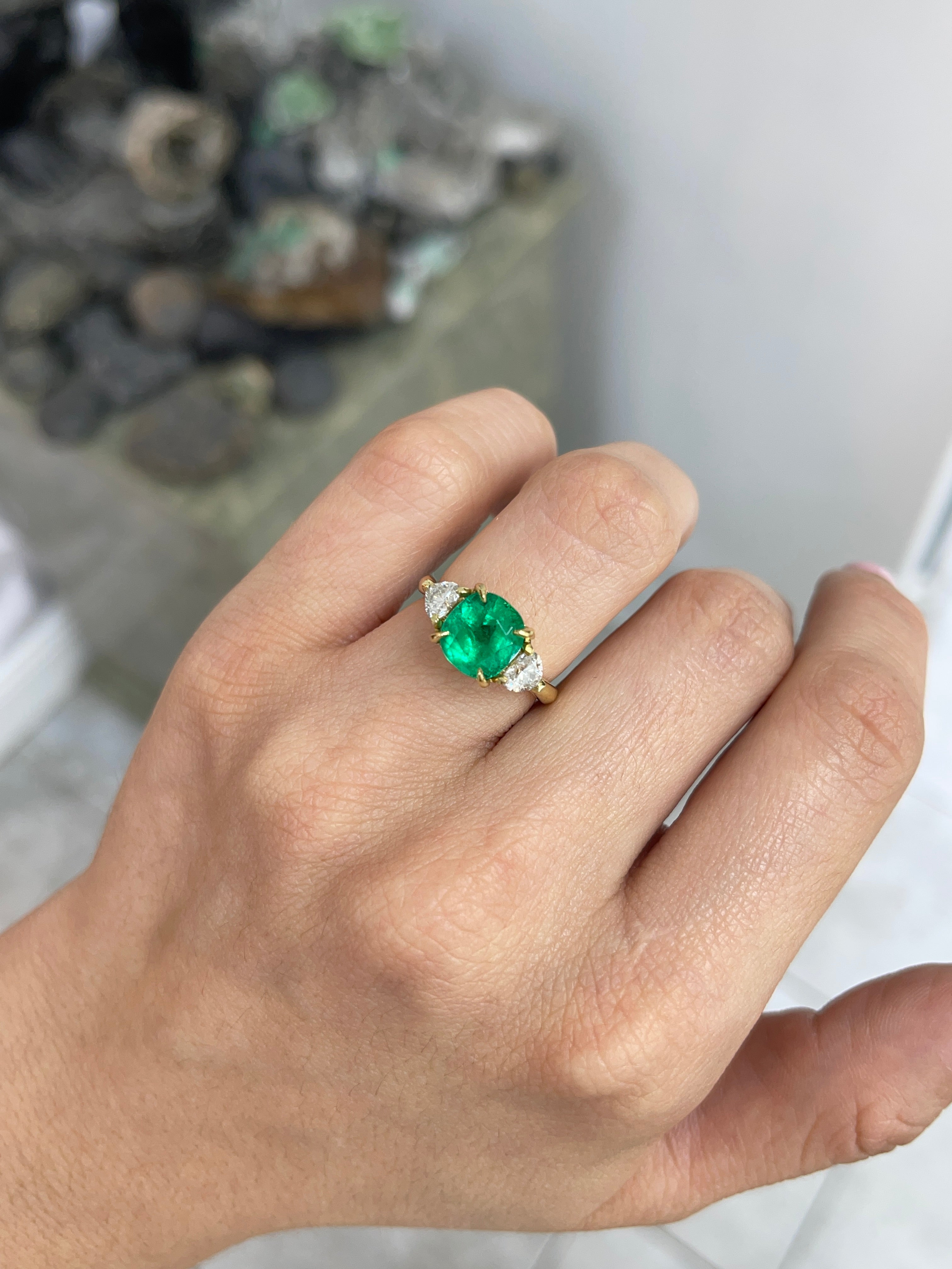 3.54tcw Vivid Colombian Cushion Emerald & Heart Romantic Diamond Engagement Ring 18K