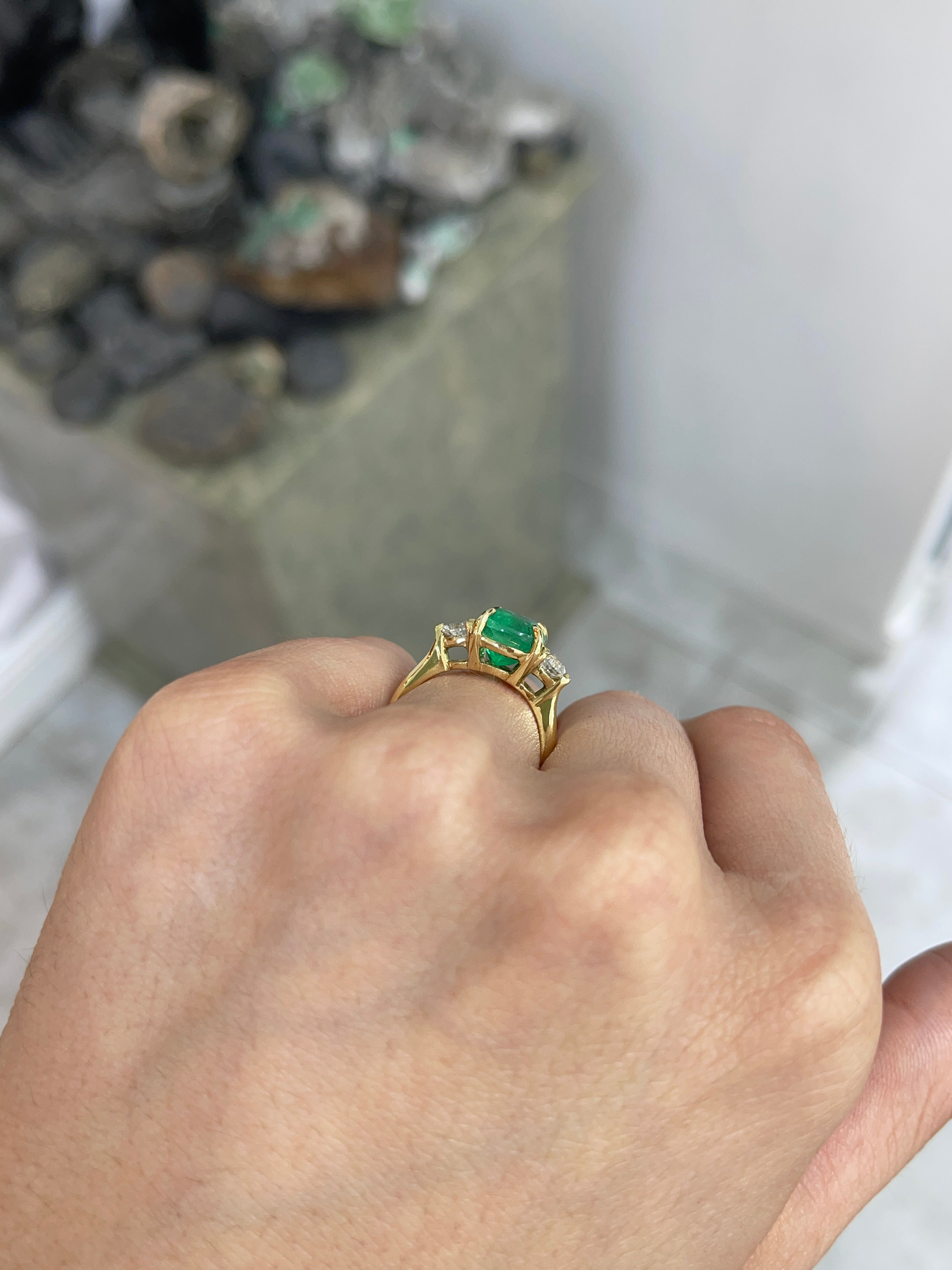 3.54tcw Vivid Colombian Cushion Emerald & Heart Romantic Diamond Engagement Ring 18K