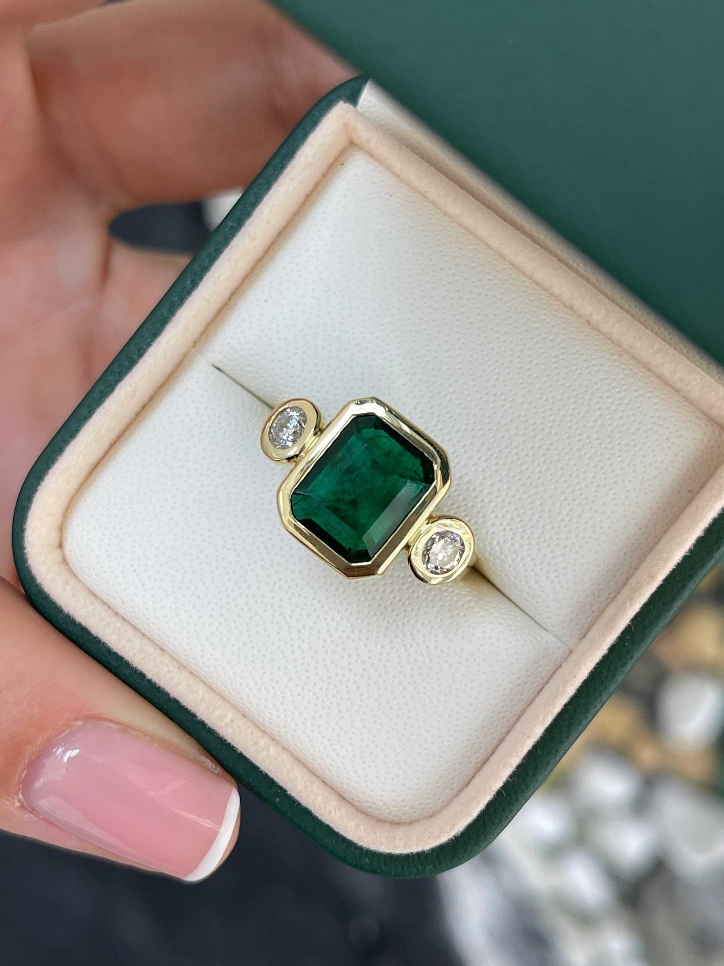 4.58tcw Bezel Set Natural Dark Emerald & Round Diamond 18K Three Stone Ring - JR Colombian Emeralds