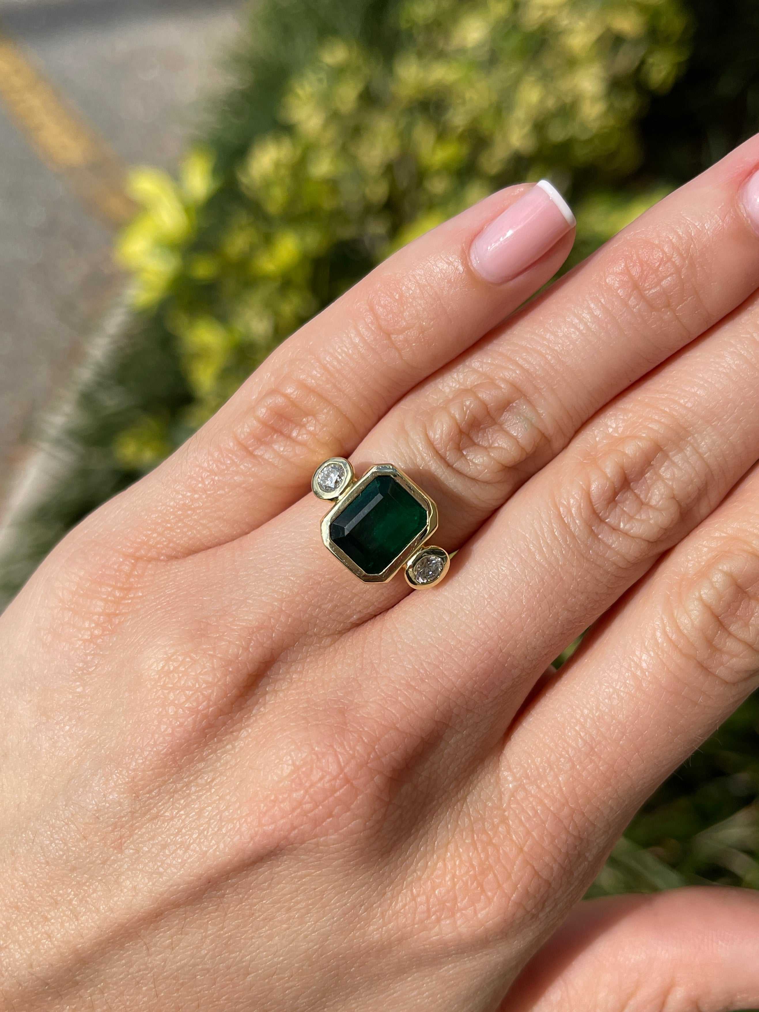 4.58tcw Bezel Set Natural Dark Emerald & Round Diamond 18K Three Stone Ring - JR Colombian Emeralds