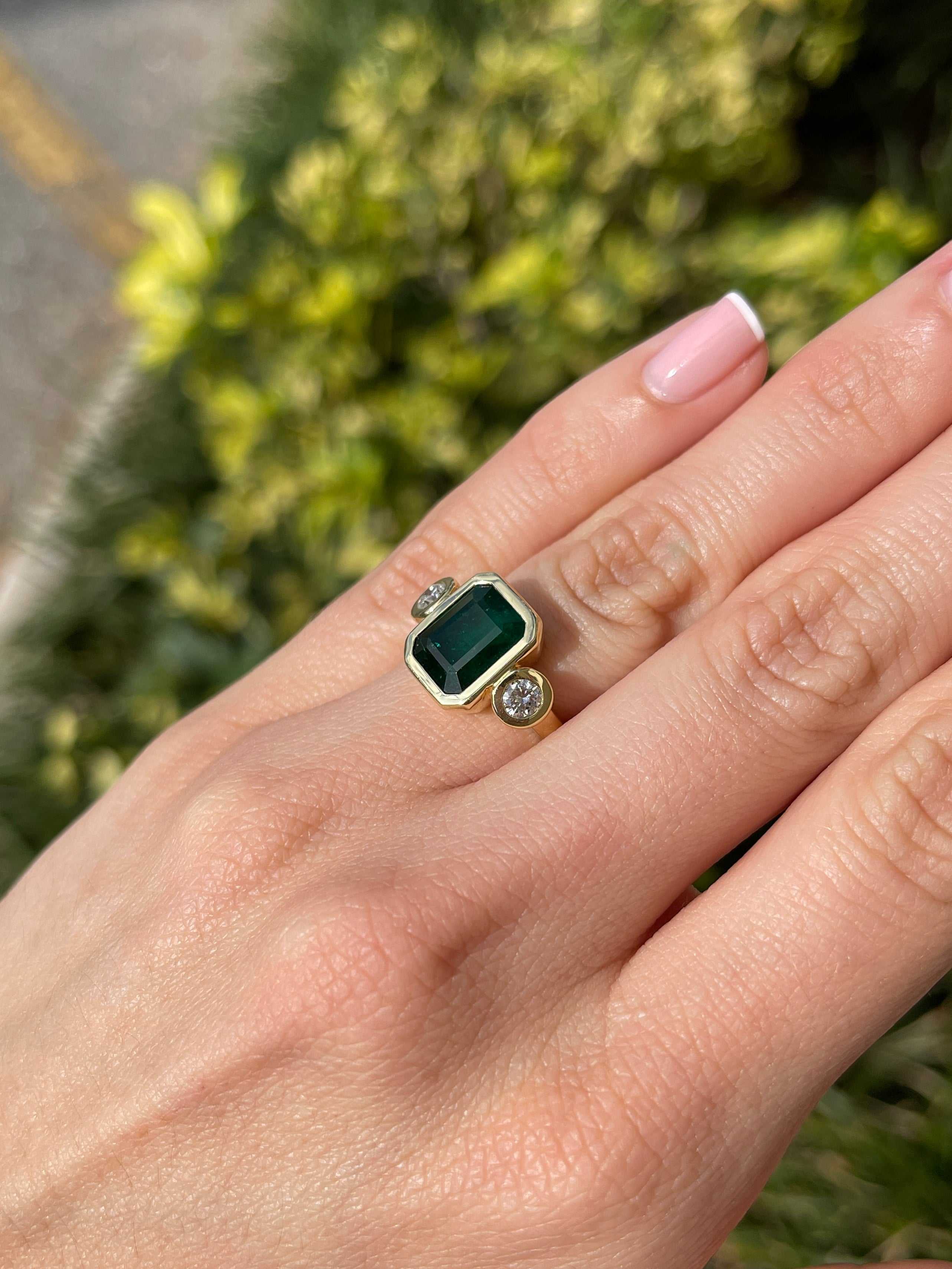 4.58tcw Bezel Set Natural Dark Emerald & Round Diamond 18K Three Stone Ring - JR Colombian Emeralds