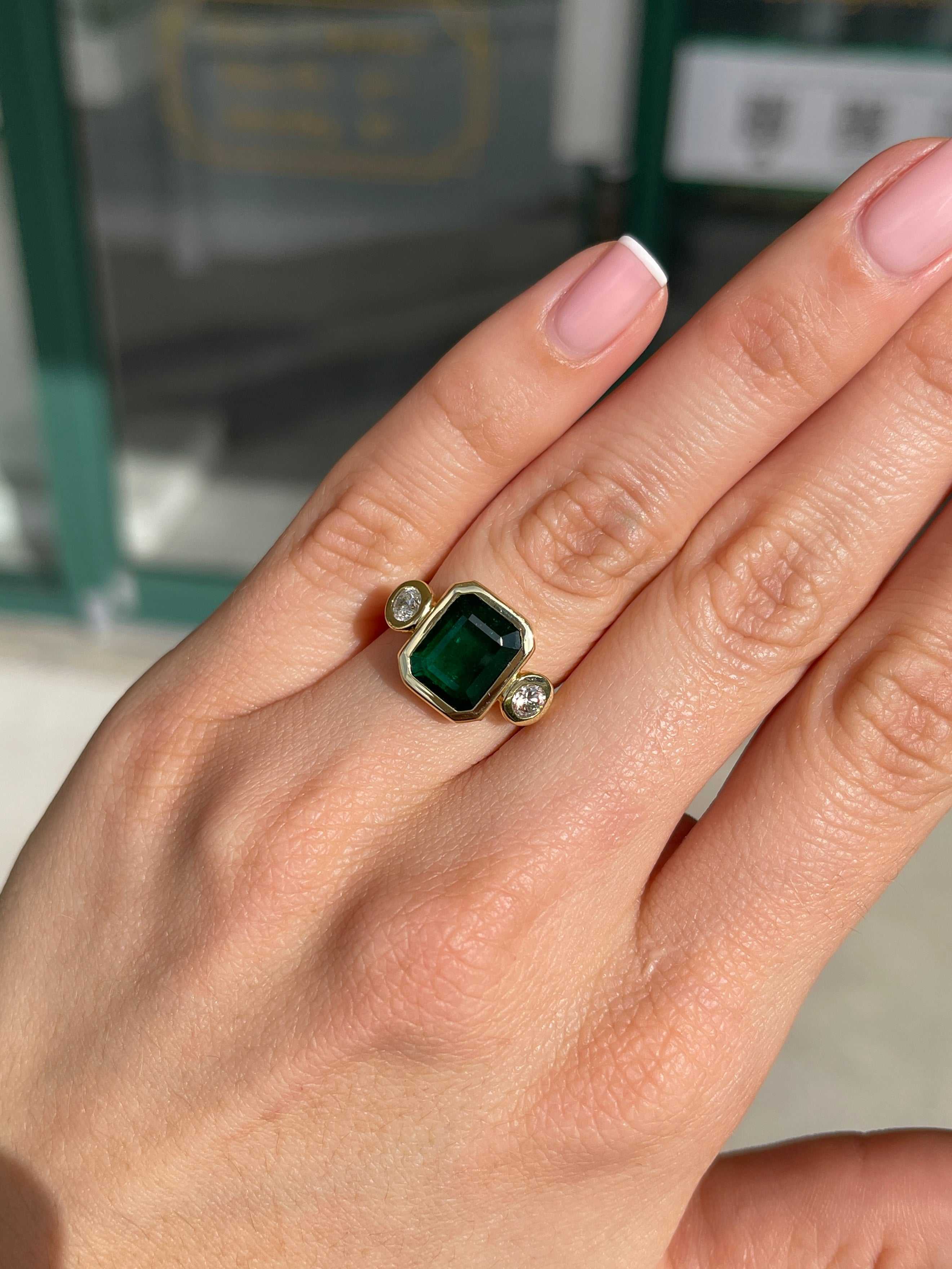 4.58tcw Bezel Set Natural Dark Emerald & Round Diamond 18K Three Stone Ring - JR Colombian Emeralds