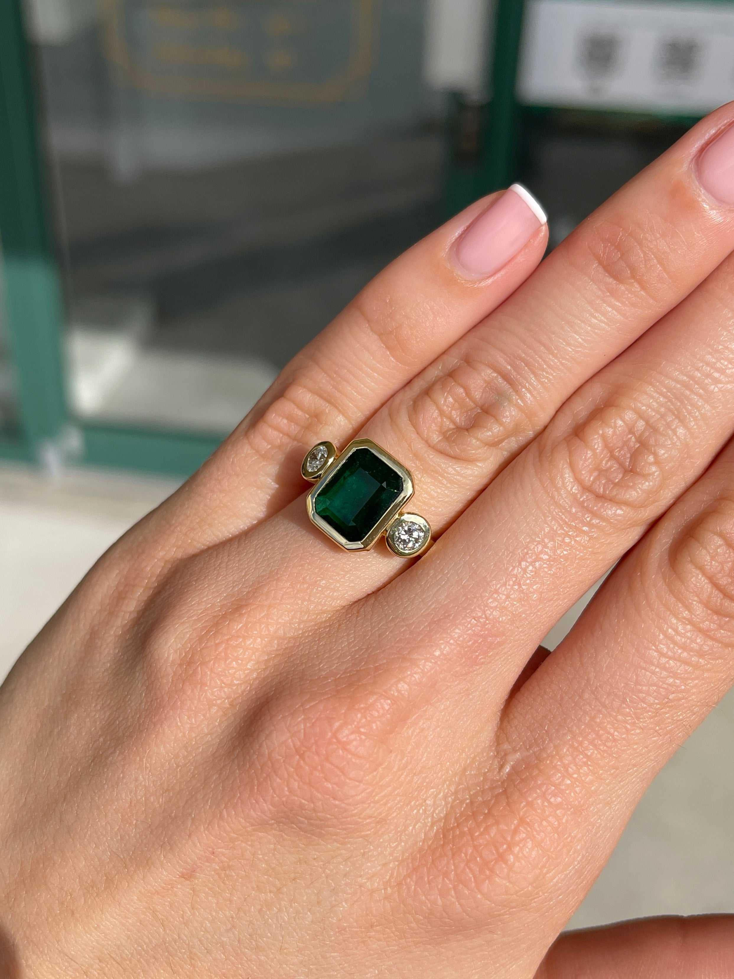 4.58tcw Bezel Set Natural Dark Emerald & Round Diamond 18K Three Stone Ring - JR Colombian Emeralds